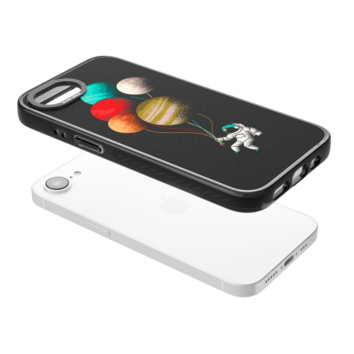 Astronaut Balloon Planets iPhone 16e / iPhone 17e Impact Black Phone Case angled