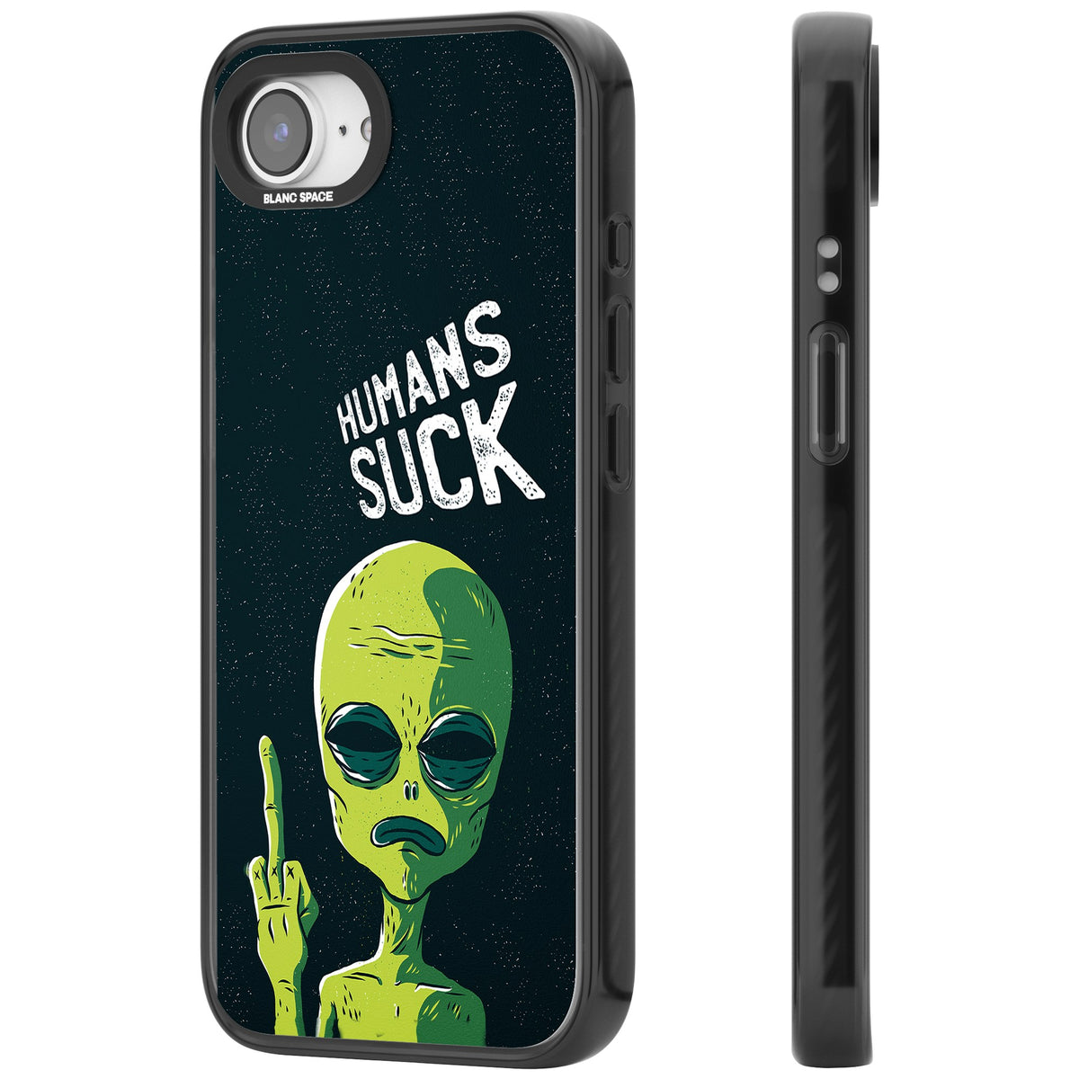 Humans Suck Alien iPhone 16e / iPhone 17e Impact Black Phone Case side