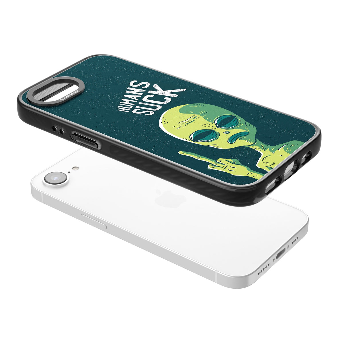 Humans Suck Alien iPhone 16e / iPhone 17e Impact Black Phone Case angled
