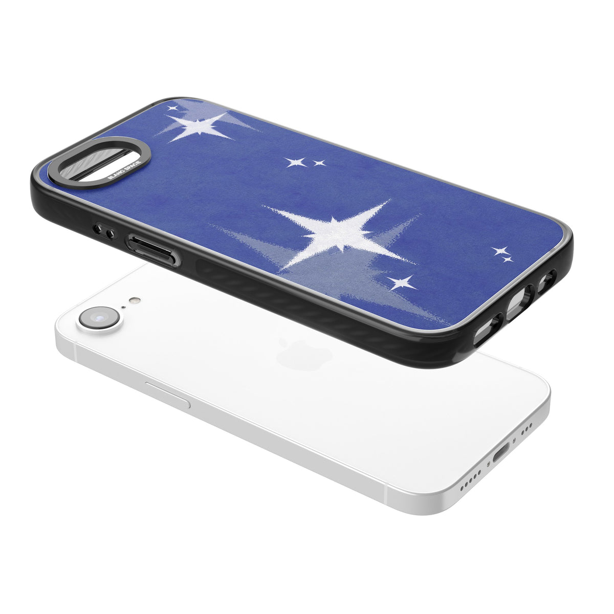 Blue Sparkle iPhone 16e / iPhone 17e Impact Black Phone Case angled