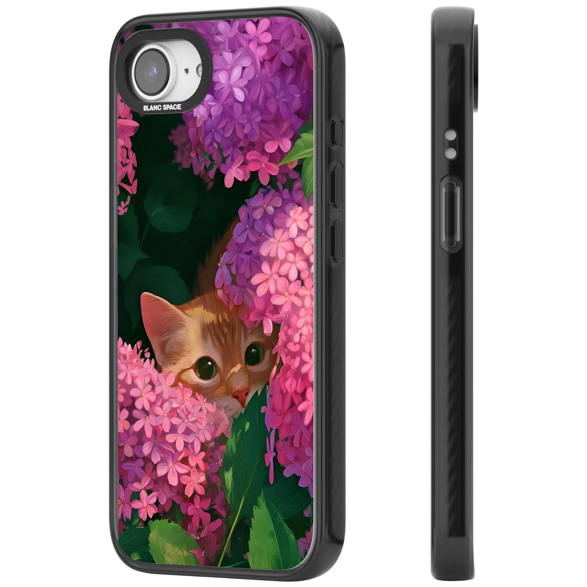 Cat In Pink Flowers iPhone 16e / iPhone 17e Impact Black Phone Case side