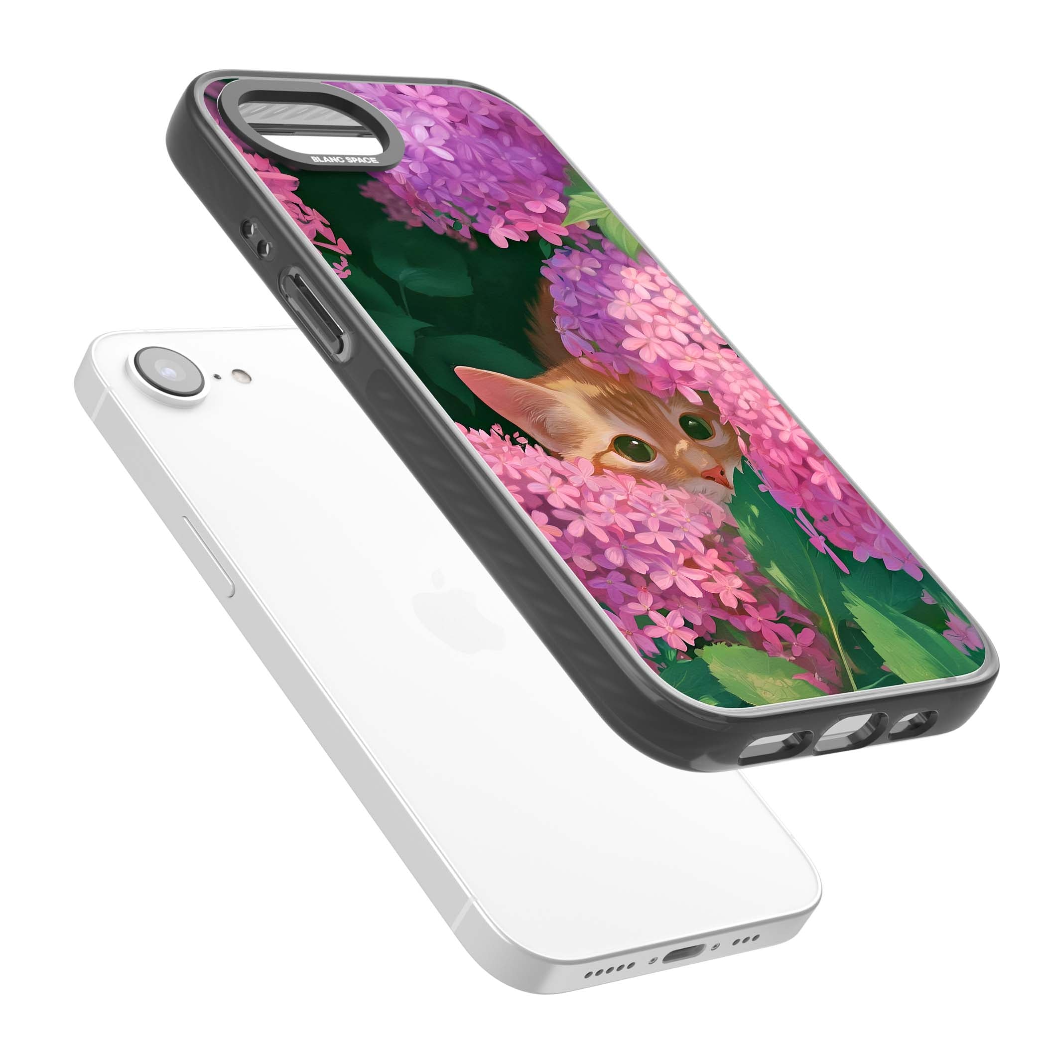 Cat In Pink Flowers cottagecore iPhone case featuring a ginger kitten peeking through lilac and pink hydrangea flo | Black Impact case for iPhone 16e, iPhone 17e