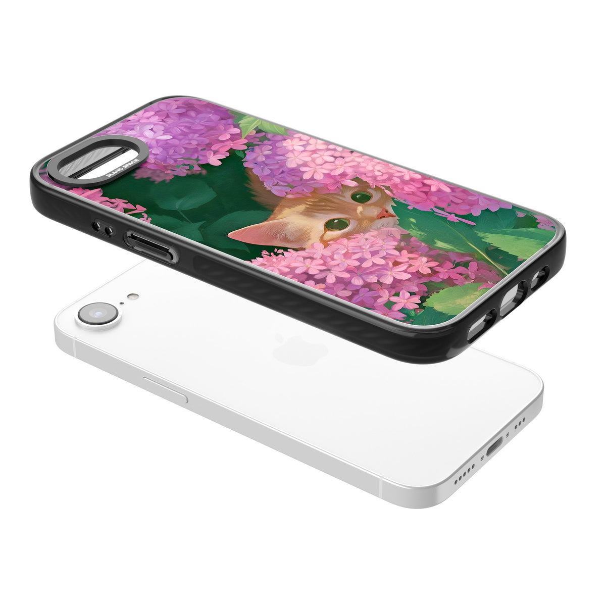 Cat In Pink Flowers iPhone 16e / iPhone 17e Impact Black Phone Case angled