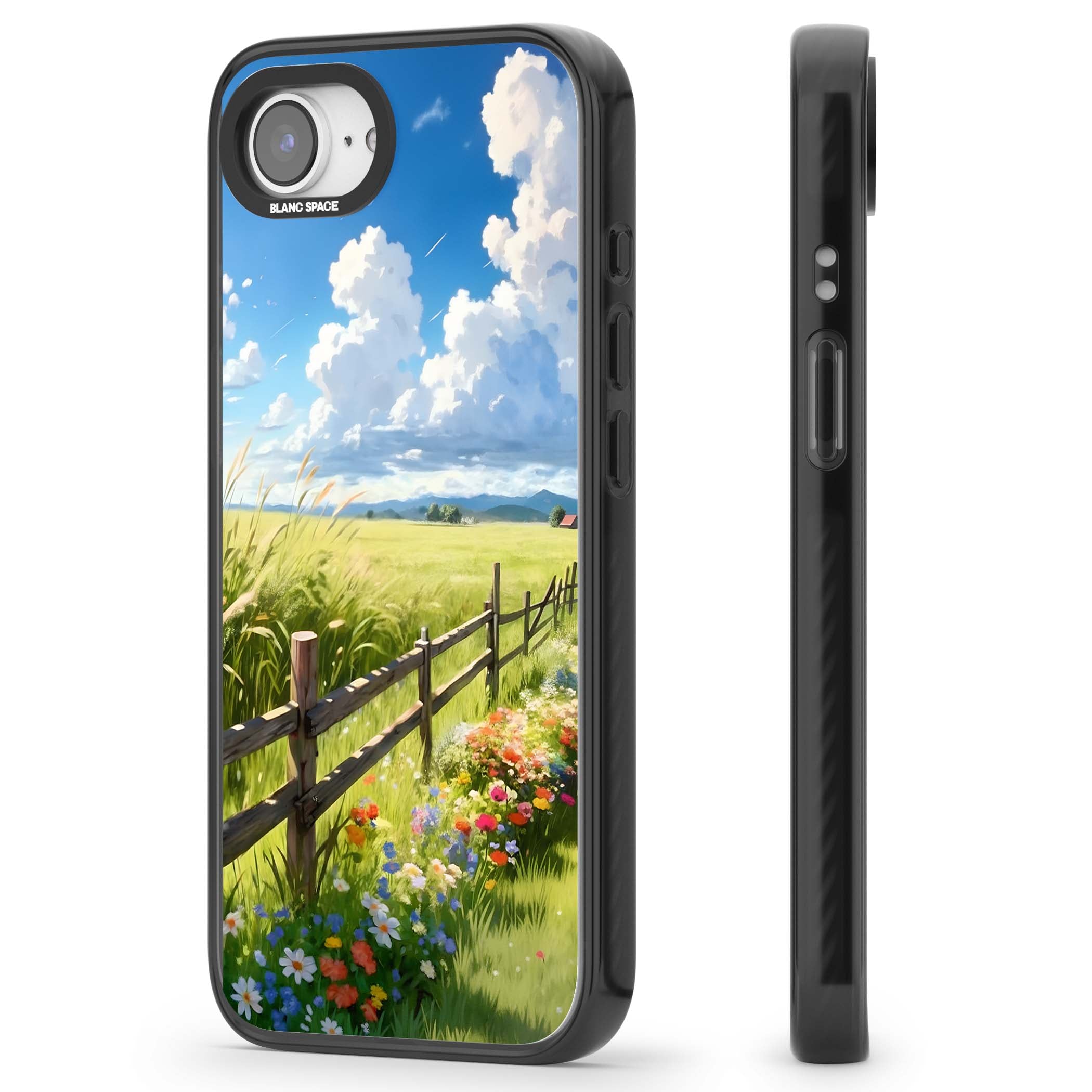 A Countryside Afternoon cottagecore iPhone case featuring a painted countryside meadow, wooden fence, and wildflowers beneath | Black Impact case for iPhone 16e, iPhone 17e