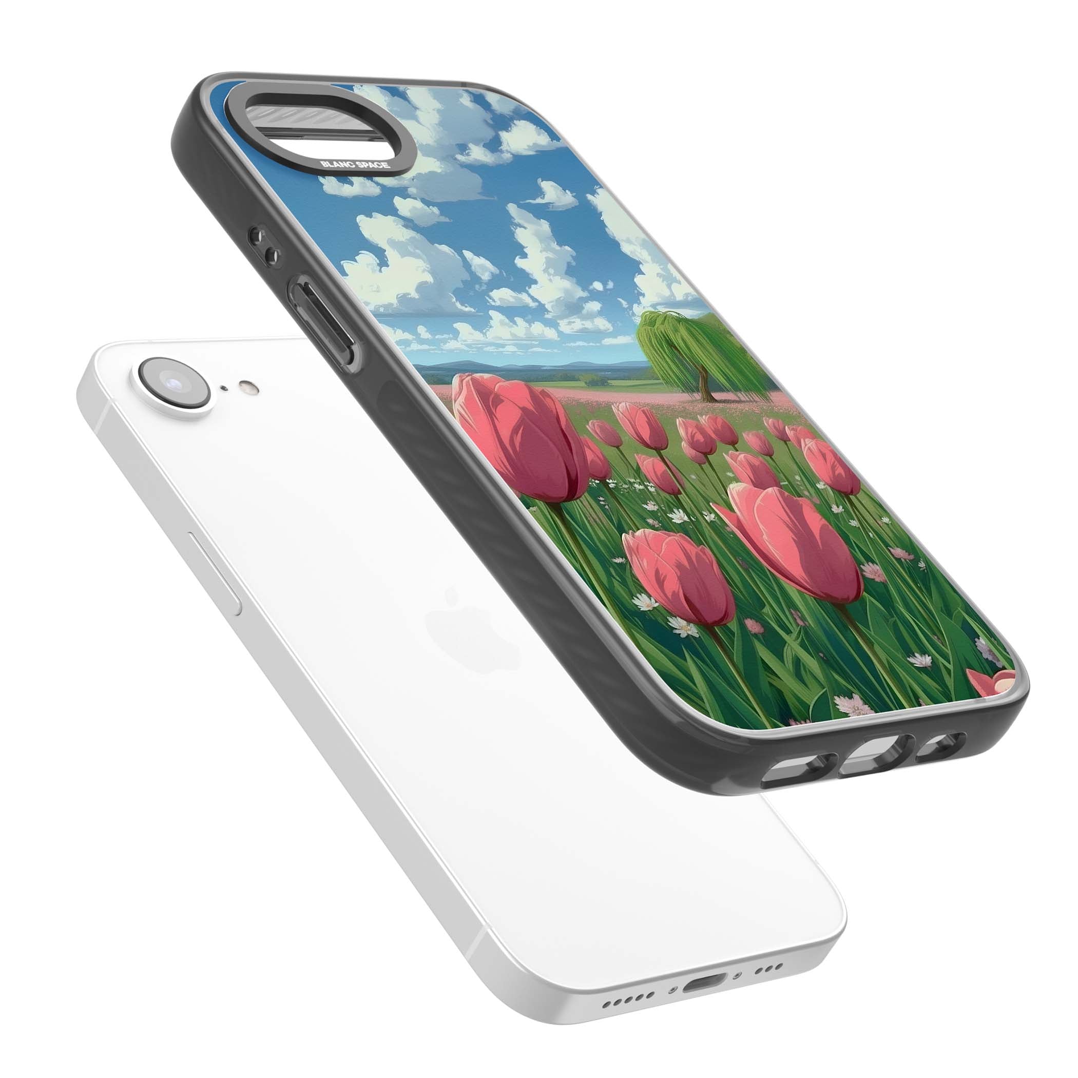 Willow By The Pink Tulips floral iPhone case | Black Impact case for iPhone 16e, iPhone 17e