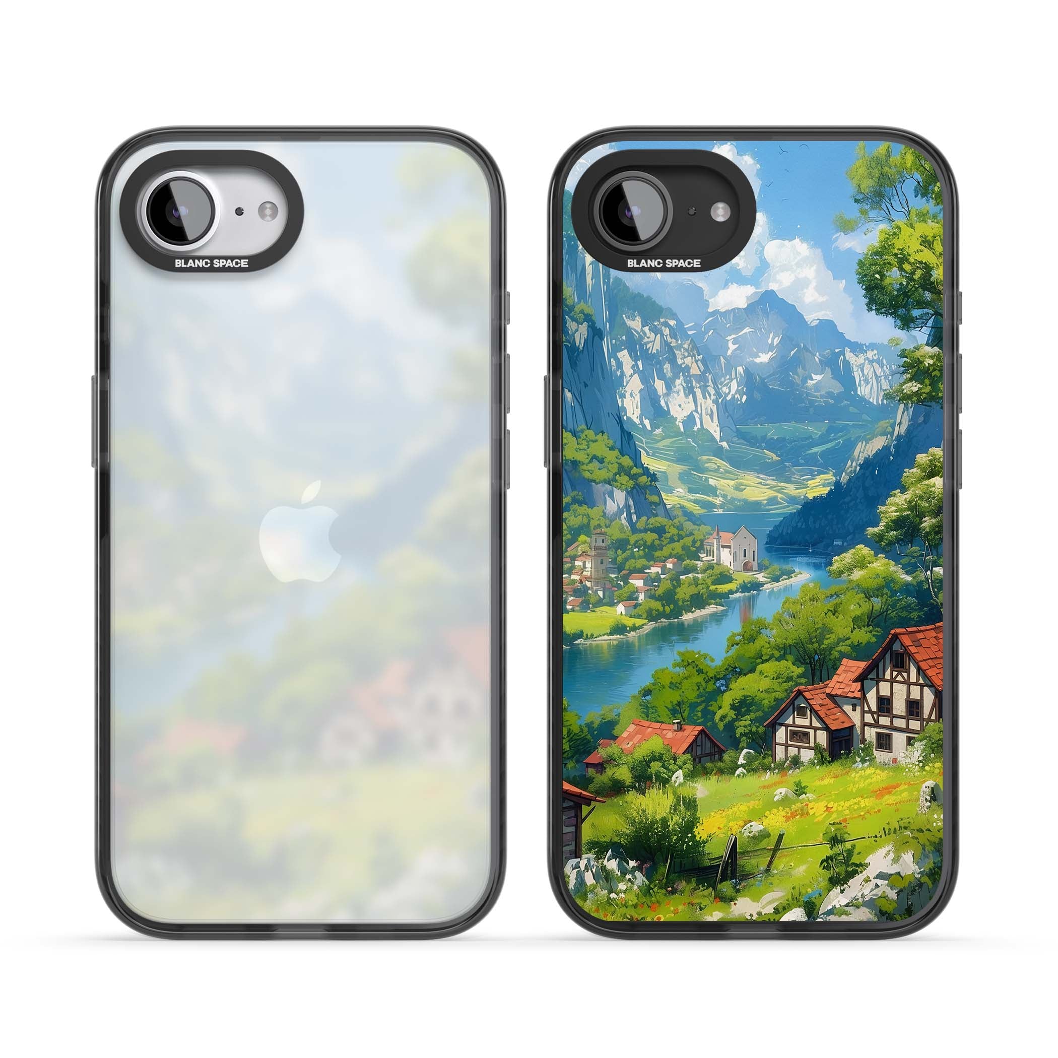 Village In The Valley anime iPhone case featuring a painted mountain village, river valley and half-timbered cottages. | Black Impact case for iPhone 16e, iPhone 17e