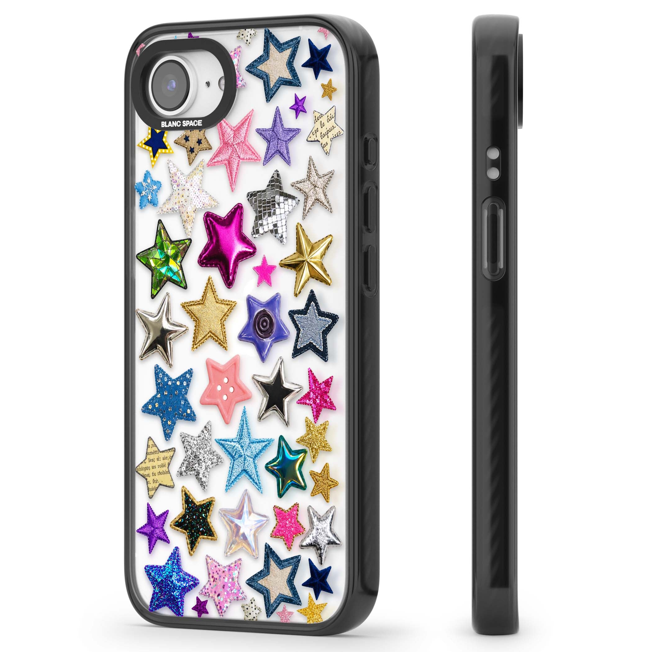 Crafty Star Mix Y2K iPhone case featuring embroidered, sequinned and glitter star patches in rainbow colours | Black Impact case for iPhone 16e, iPhone 17e