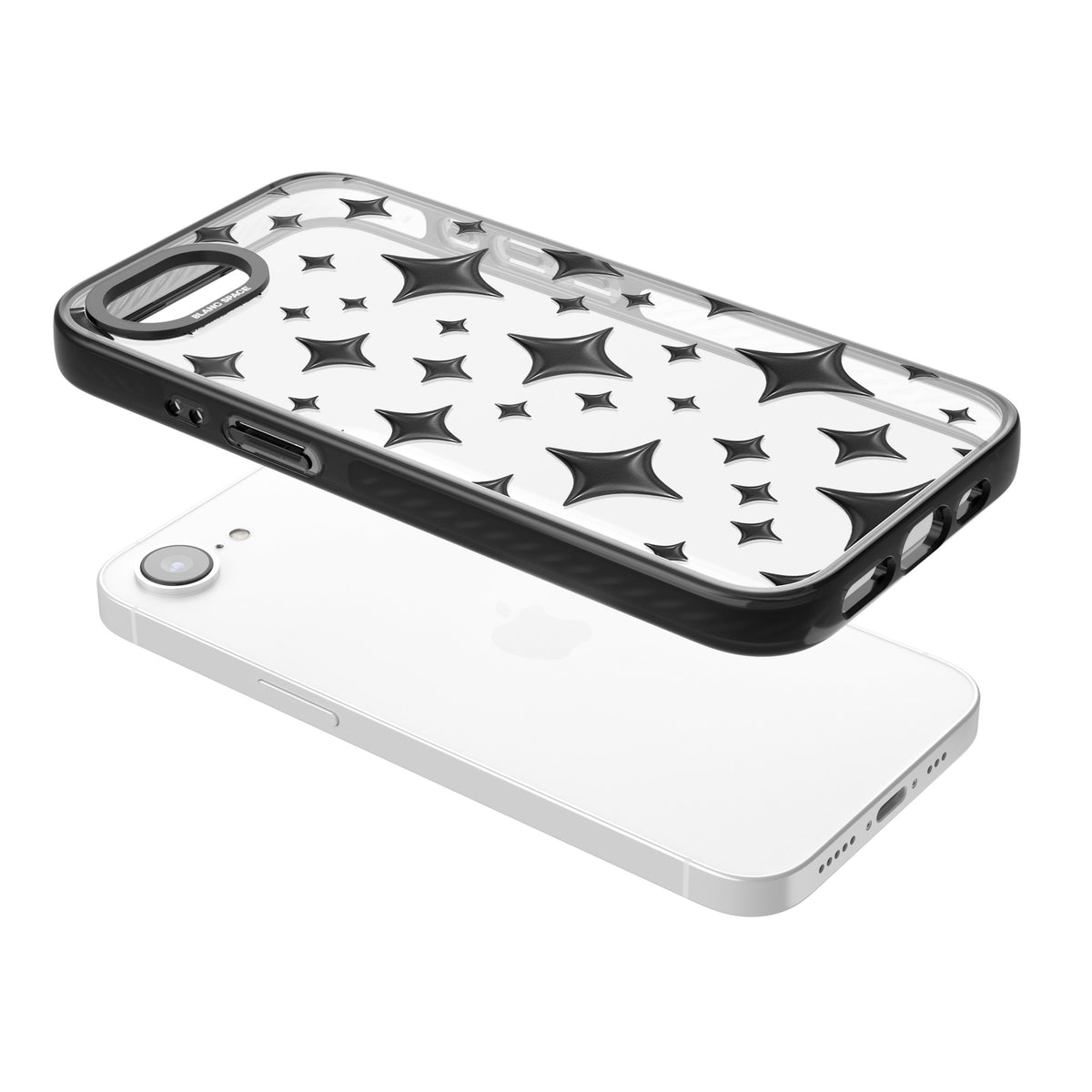 Black Puff Sparkle Pattern iPhone 16e / iPhone 17e Impact Black Phone Case angled
