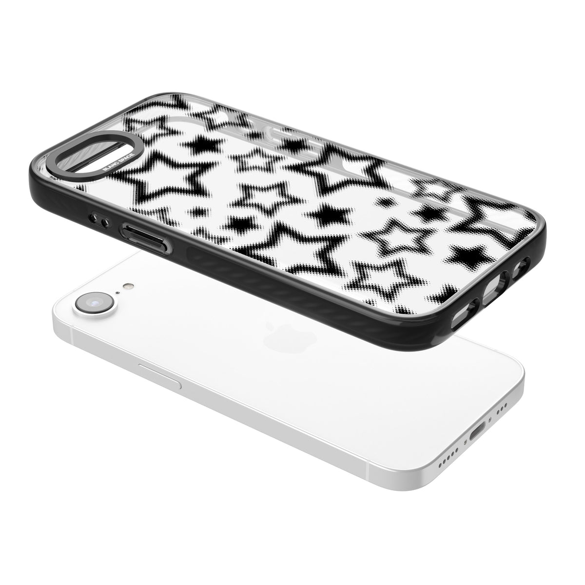 Black Halftone Stars (Clear) iPhone 16e / iPhone 17e Impact Black Phone Case angled