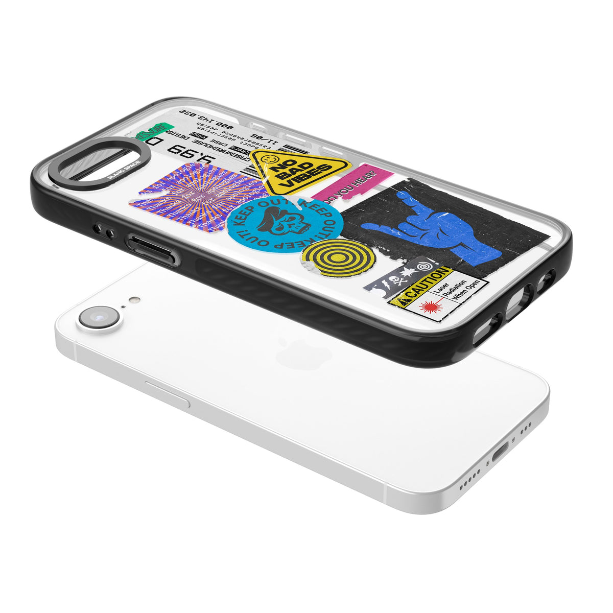 No Bad Vibes Sticker Mix iPhone 16e / iPhone 17e Impact Black Phone Case angled