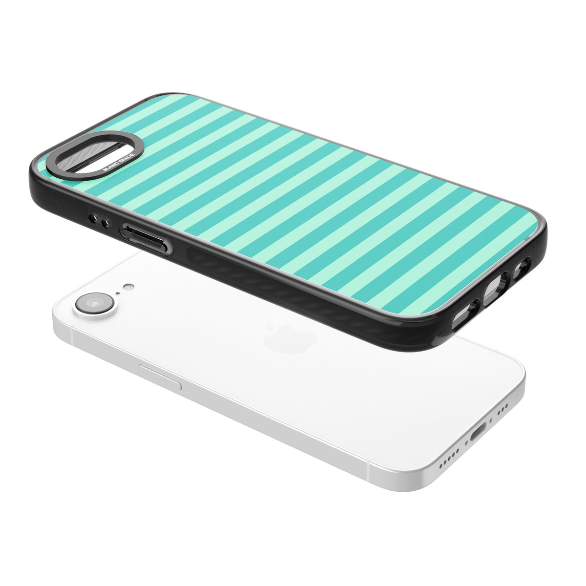 Turquoise Stripe preppy iPhone case featuring horizontal teal and mint green stripes on a black protective frame iPhone 16e / iPhone 16E / iPhone 17e Impact Black Phone Case angled