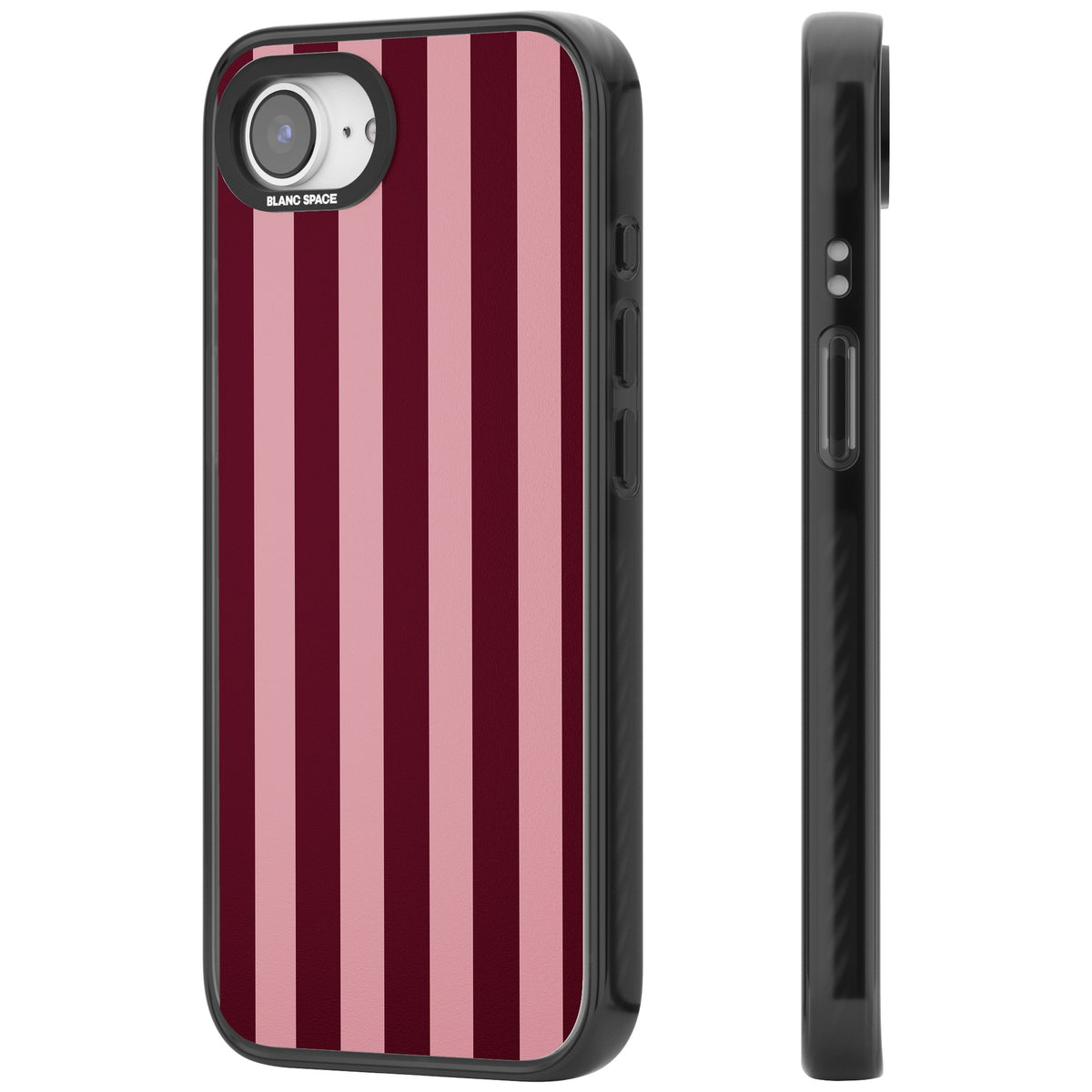 Bordeaux Belle preppy iPhone case featuring bold vertical stripes in burgundy and soft blush pink iPhone 16e / iPhone 16E / iPhone 17e Impact Black Phone Case side