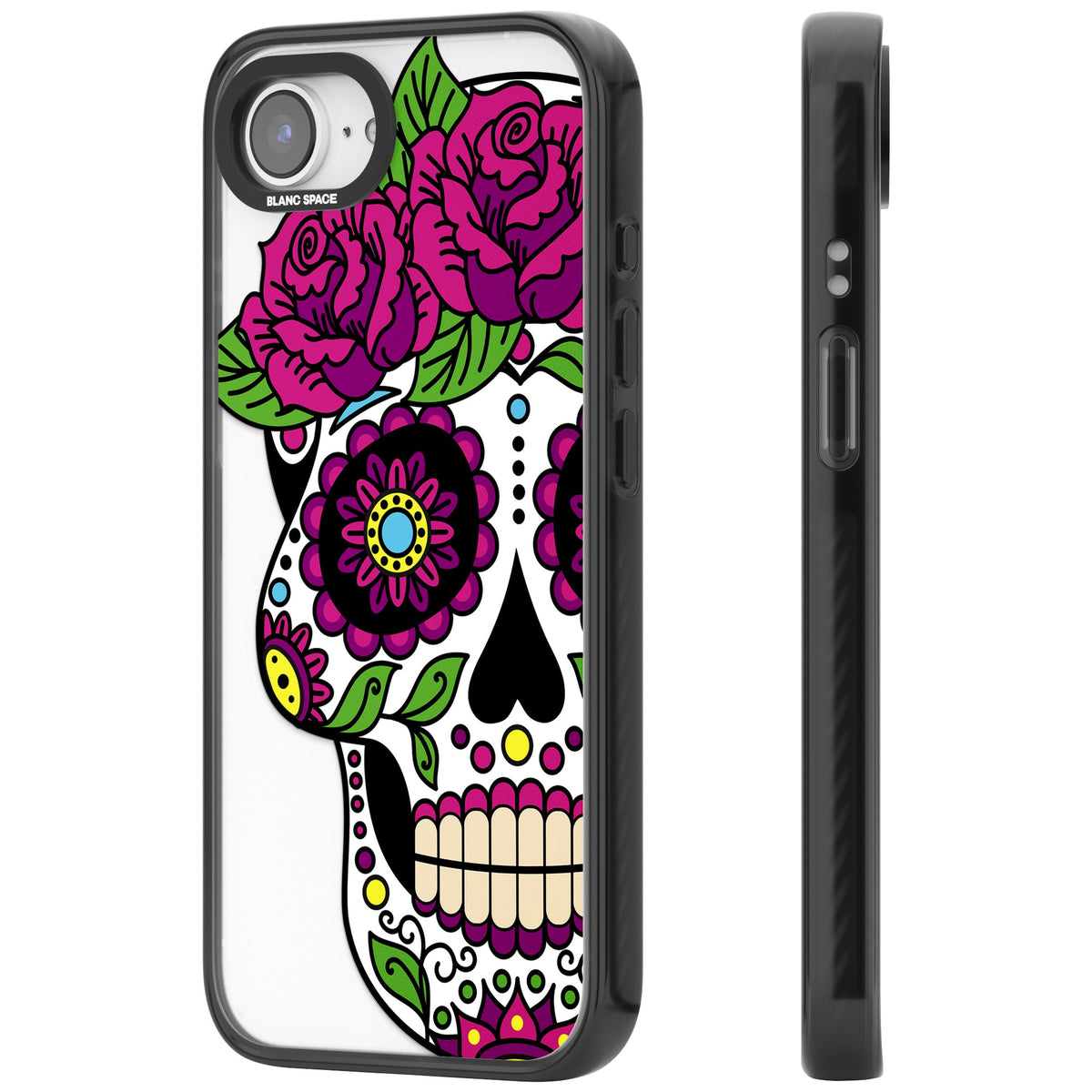 Purple Floral Sugar Skull iPhone 16e / iPhone 17e Impact Black Phone Case side