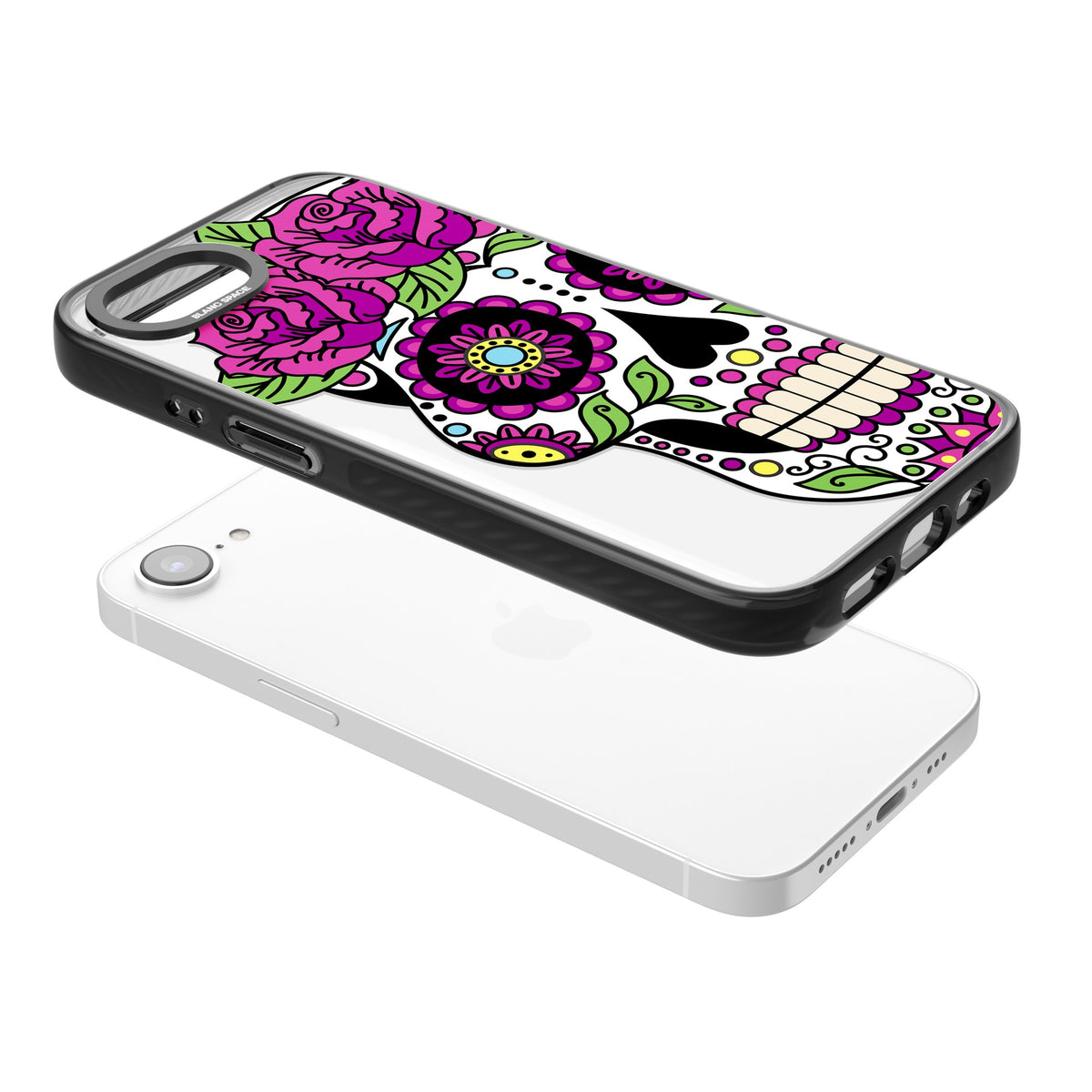 Purple Floral Sugar Skull iPhone 16e / iPhone 17e Impact Black Phone Case angled