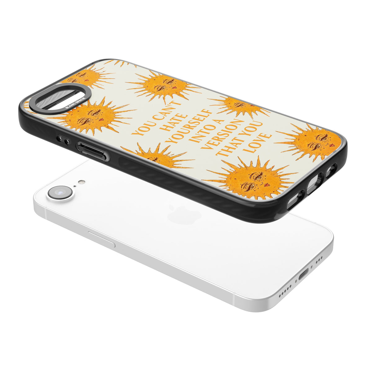 Don't Hate Yourself iPhone 16e / iPhone 17e Impact Black Phone Case angled