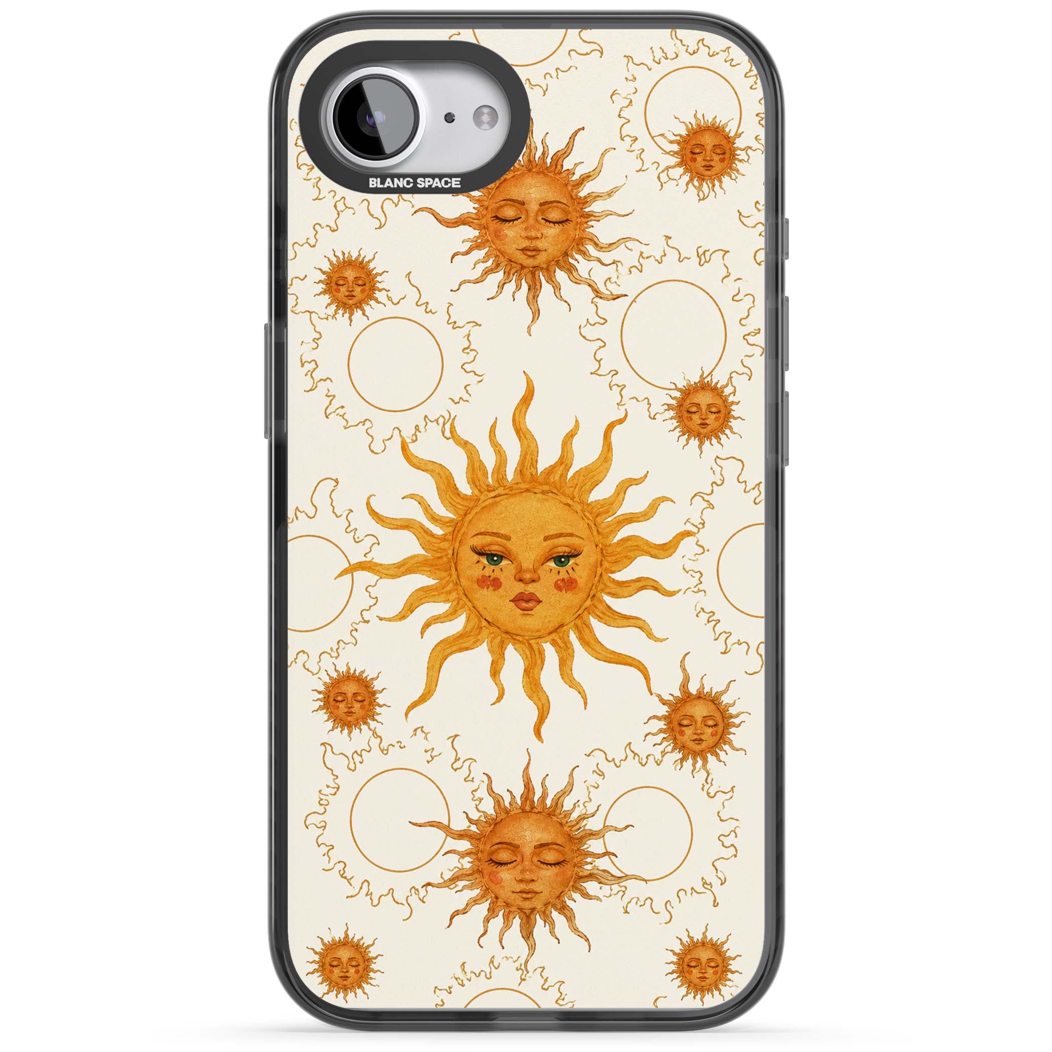 Solstice Muse celestial iPhone case featuring hand-painted golden sun faces, closed-eye sun goddesses and outlined moons... | Black Impact case for iPhone 16e, iPhone 17e