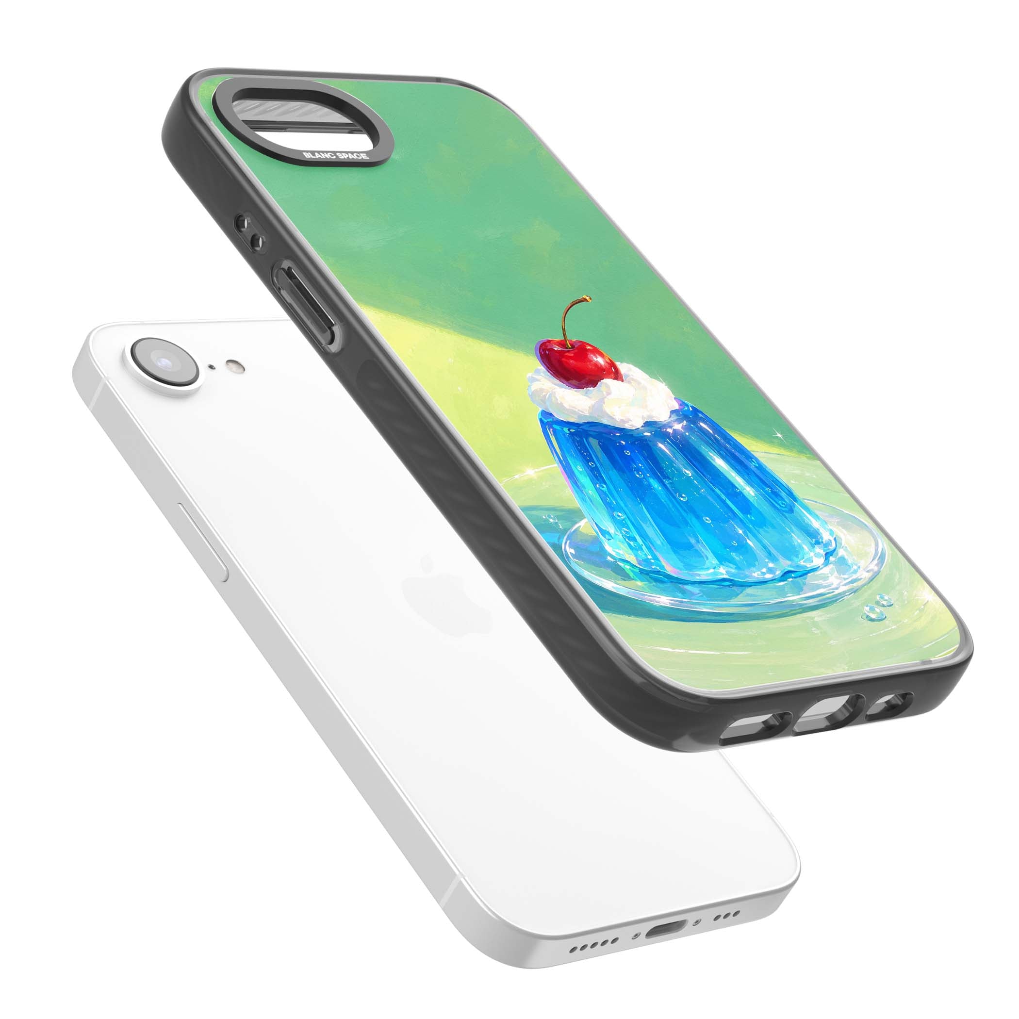 Cherry Jelly kawaii dessert iPhone case featuring blue jelly pudding, whipped cream and a red cherry | Black Impact case for iPhone 16e, iPhone 17e