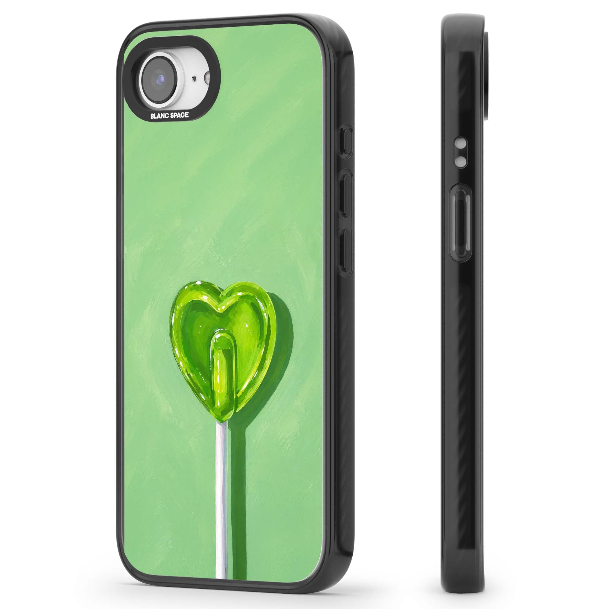 Green Lollipop candy art iPhone case featuring a glossy green heart-shaped lollipop on a painted pastel green background | Black Impact case for iPhone 16e, iPhone 17e
