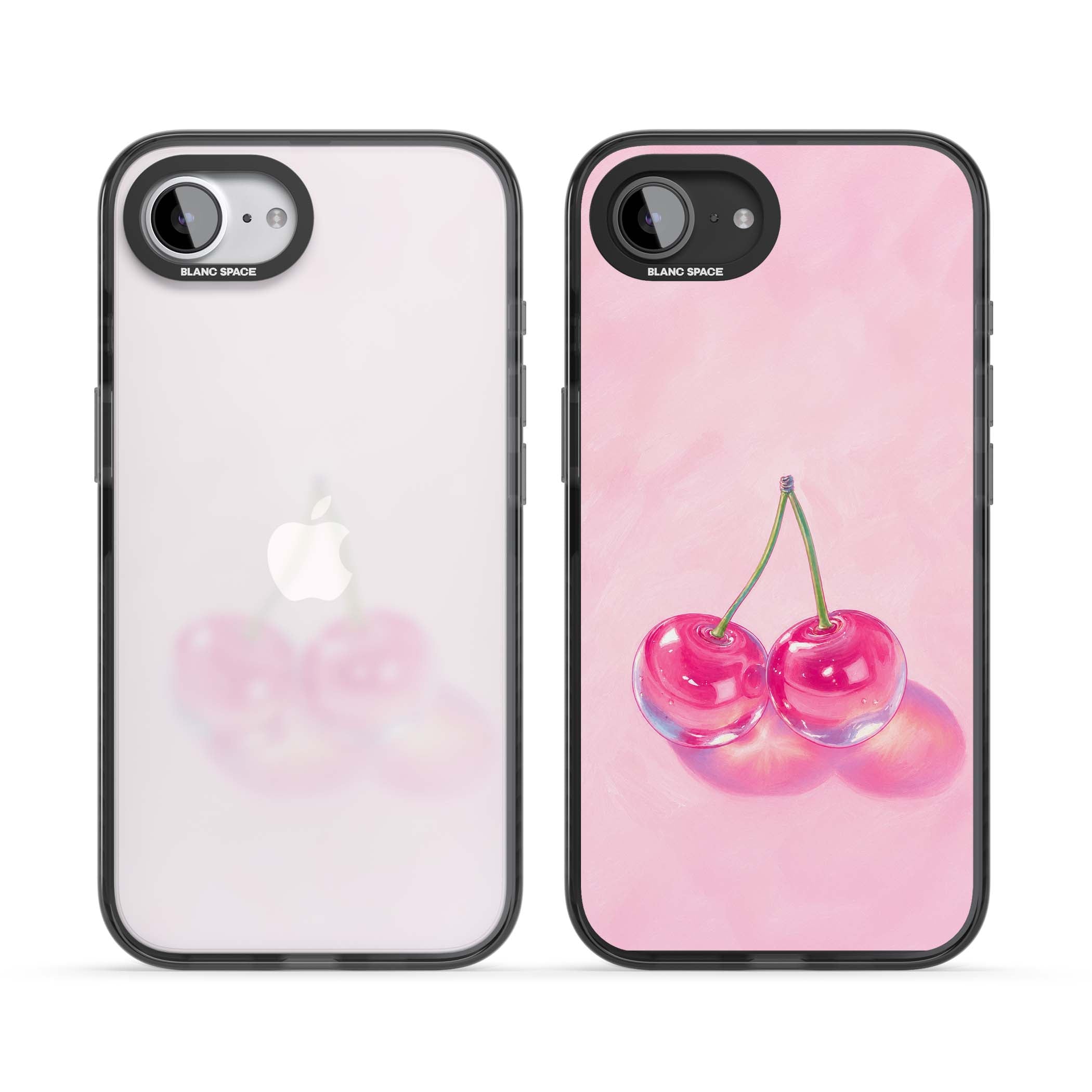 Pink Glass Cherry coquette iPhone case featuring two glossy painted cherries on a soft pink background | Black Impact case for iPhone 16e, iPhone 17e