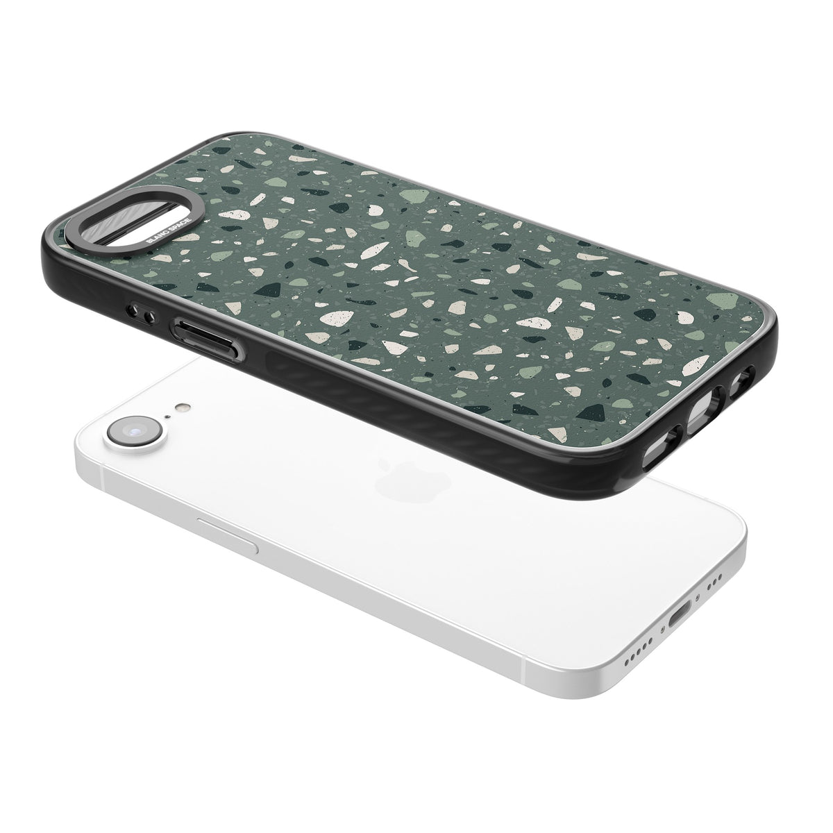 Green & Cream Terrazzo Pattern iPhone 16e / iPhone 17e Impact Black Phone Case angled