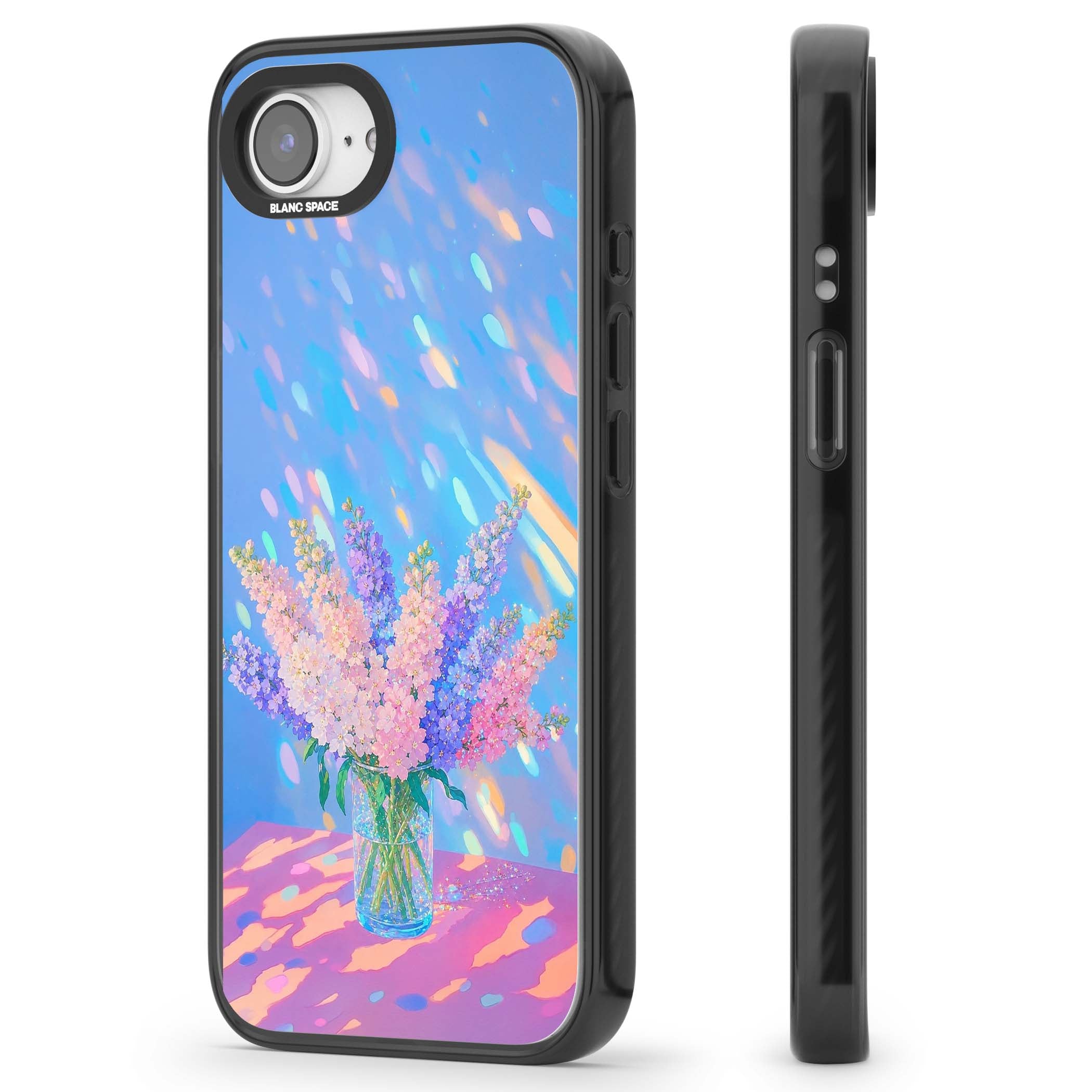 Bubblegum Flowers floral iPhone case featuring pastel lilac and pink bouquet in a glass vase with iridescent light | Black Impact case for iPhone 16e, iPhone 17e