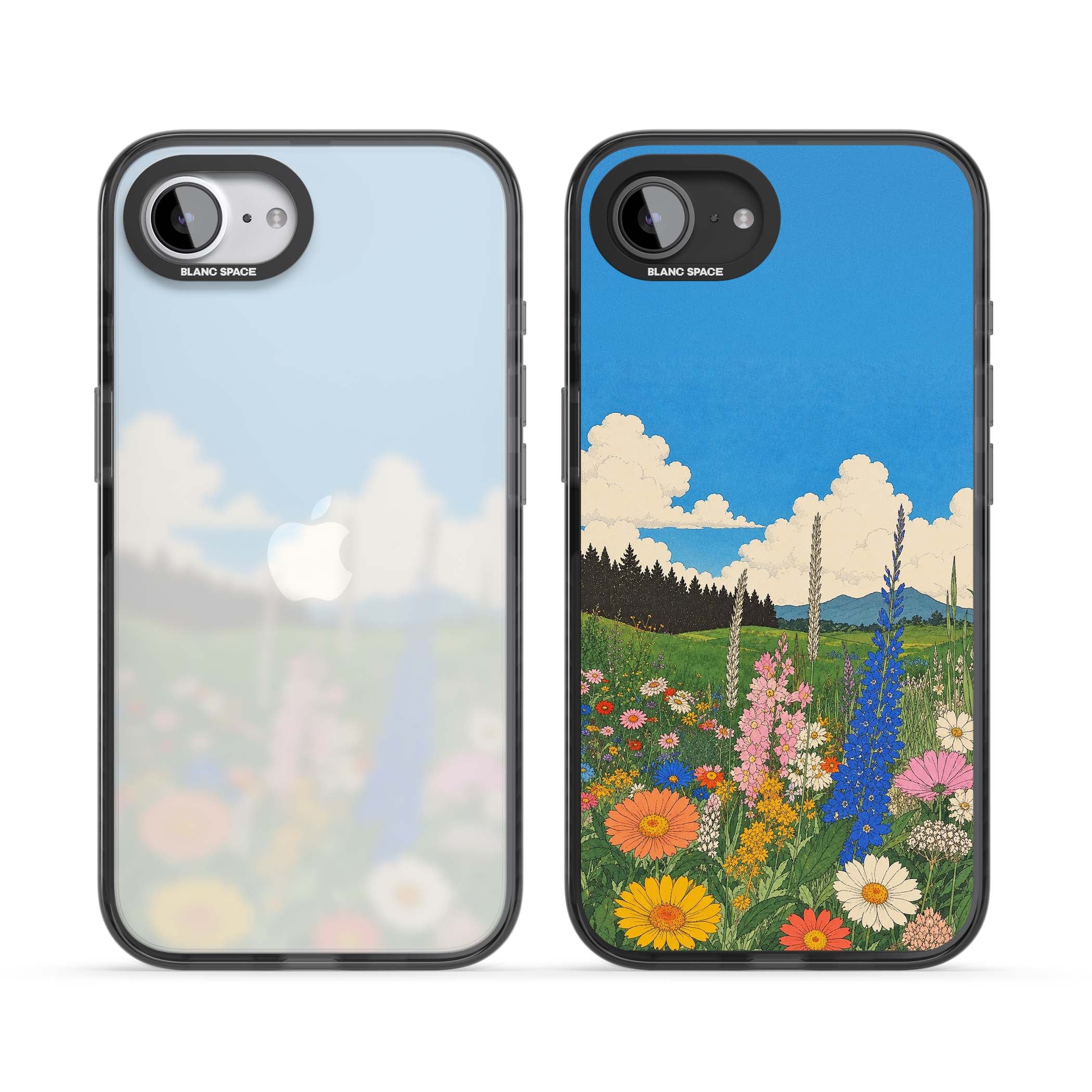 Wildbloom wildflower iPhone case featuring a vintage Japanese-style meadow landscape with daisies, delphiniums and moun | Black Impact case for iPhone 16e, iPhone 17e