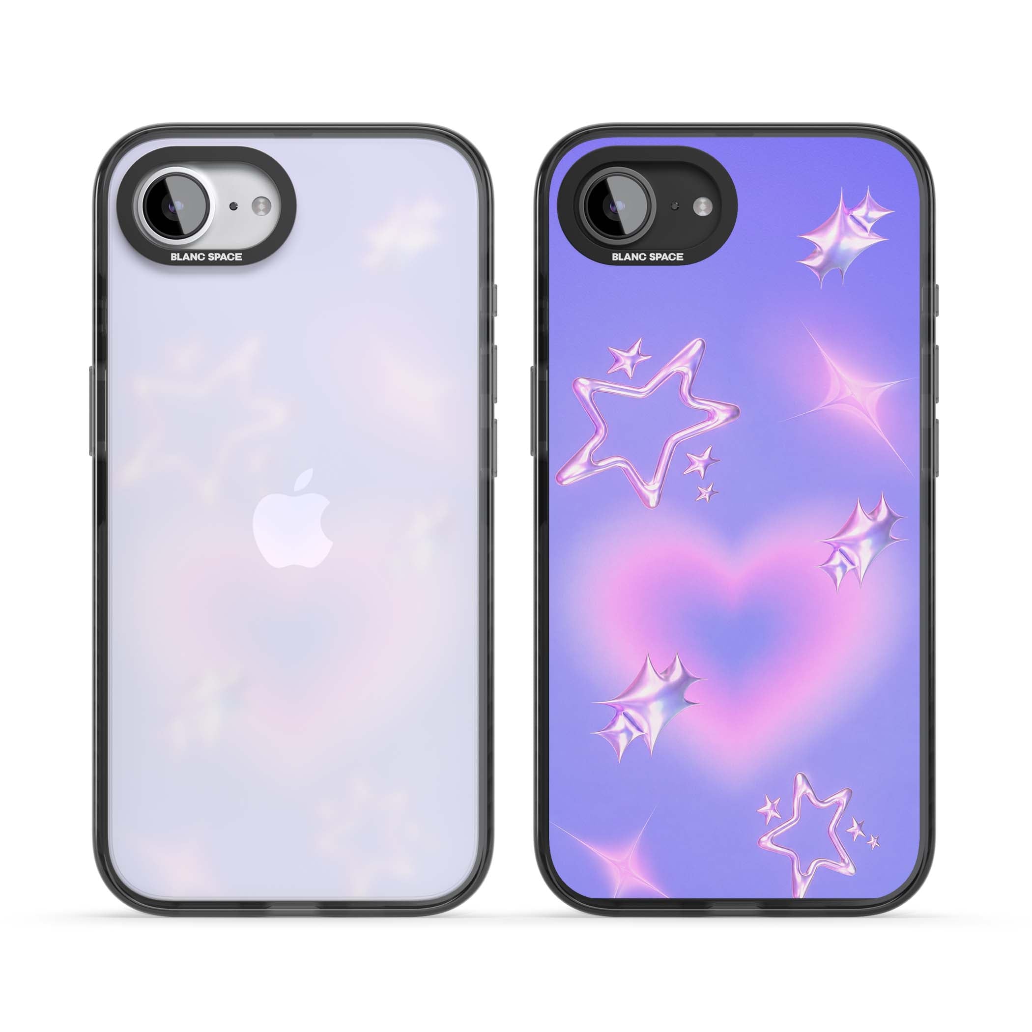 Soft Sugar Y2K iPhone case featuring iridescent chrome hearts, metallic pink stars and a lavender gradient sky | Black Impact case for iPhone 16e, iPhone 17e