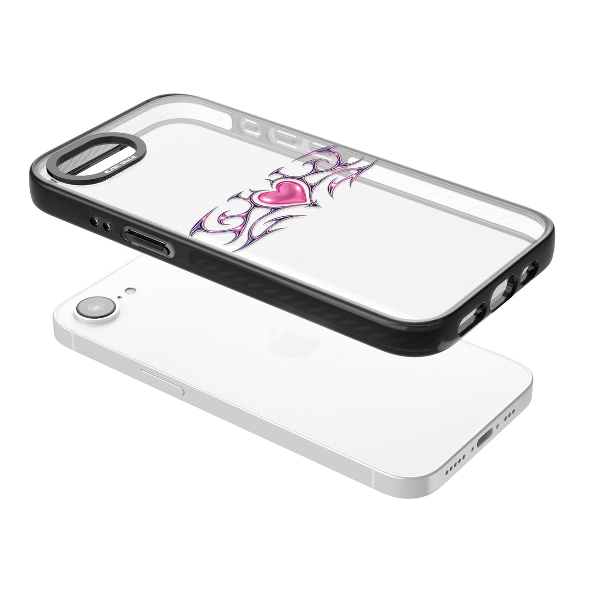 Pink Chrome Heart iPhone 16e / iPhone 17e Impact Black Phone Case angled