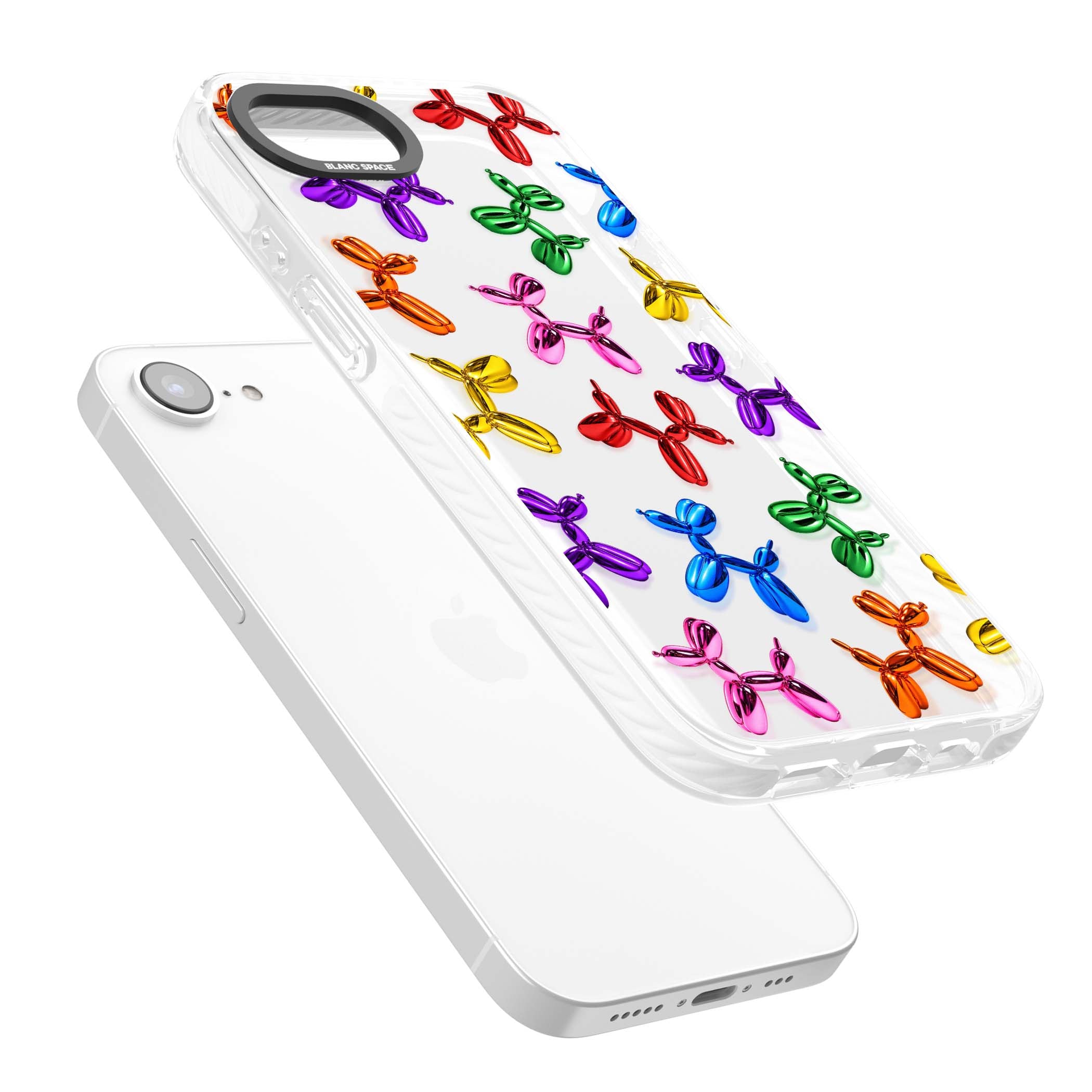 Balloon Dogs pop art iPhone case featuring rainbow chrome balloon dogs in Jeff Koons style | Clear Impact case for iPhone 16e, iPhone 17e