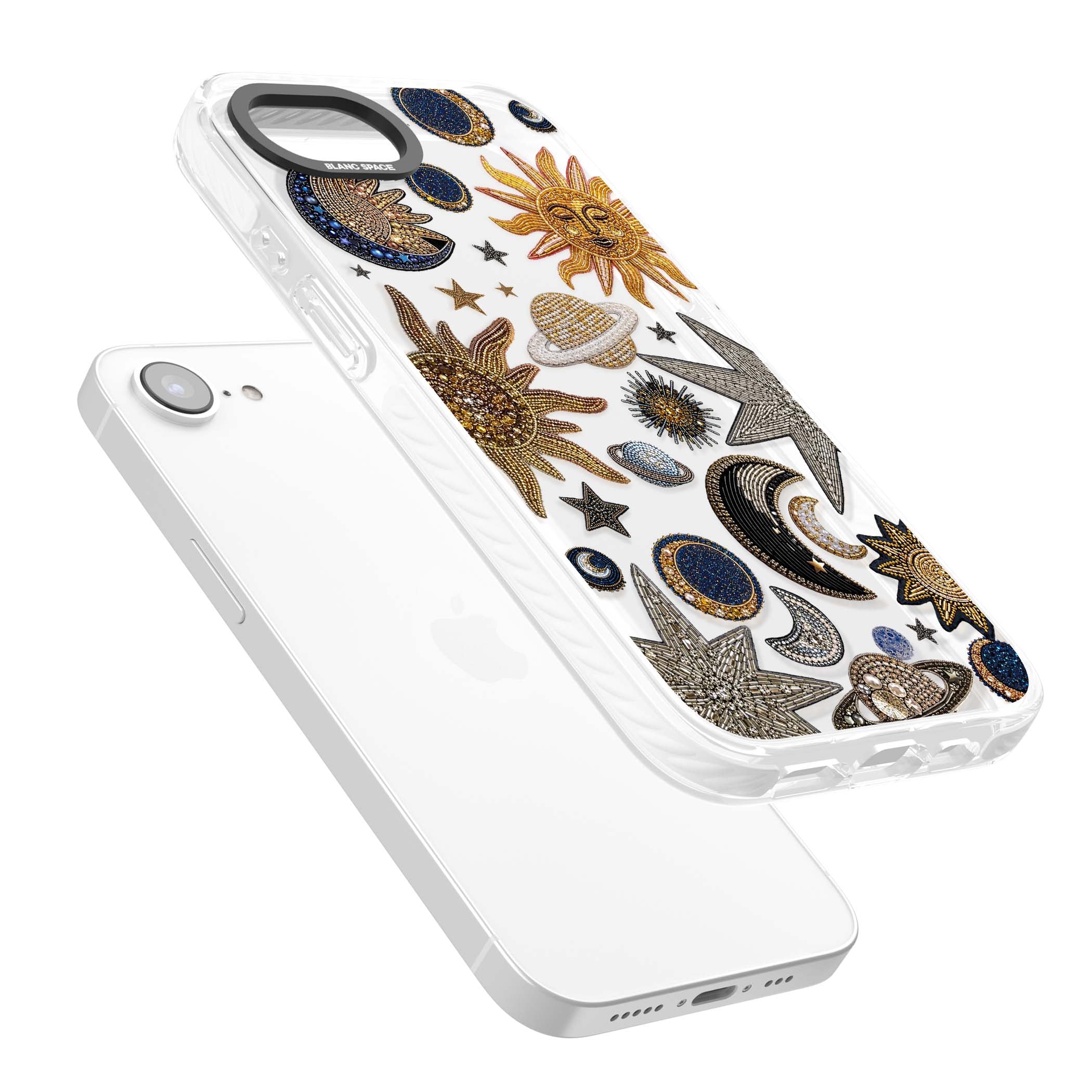 Beaded Cosmos celestial iPhone case featuring embroidered golden suns, beaded planets and silver shooting stars | Clear Impact case for iPhone 16e, iPhone 17e