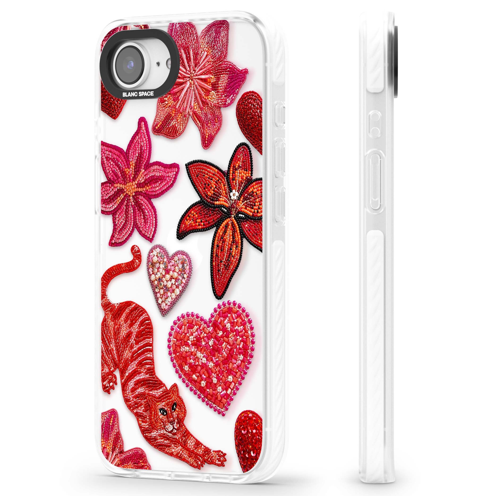 Beaded Boho floral iPhone case featuring beaded red lilies, a stitched tiger, and pearl-encrusted hearts on clear | Clear Impact case for iPhone 16e, iPhone 17e