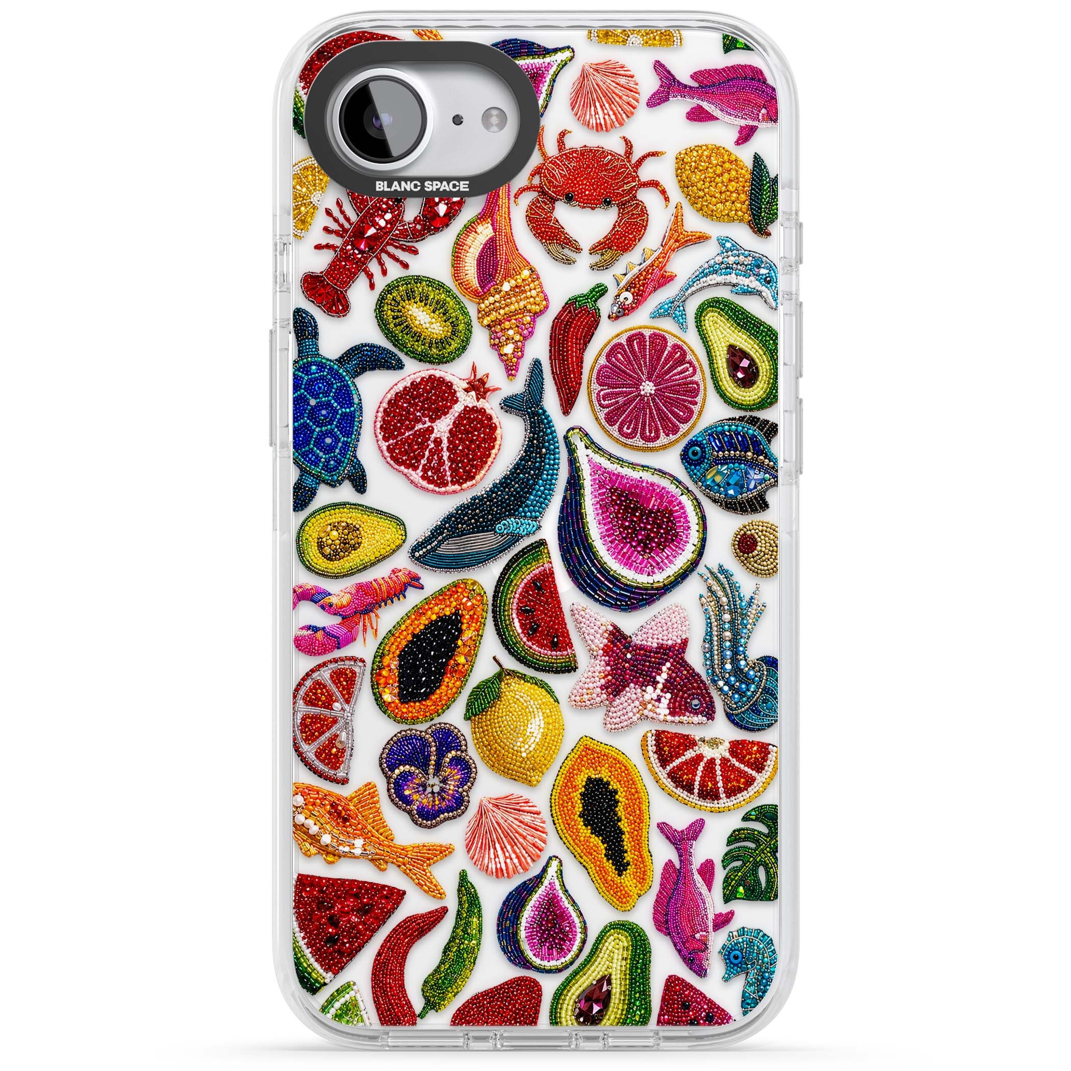 Beaded Tropic tropical iPhone case featuring beaded fruit, fish, crabs and seashells in vibrant colour | Clear Impact case for iPhone 16e, iPhone 17e