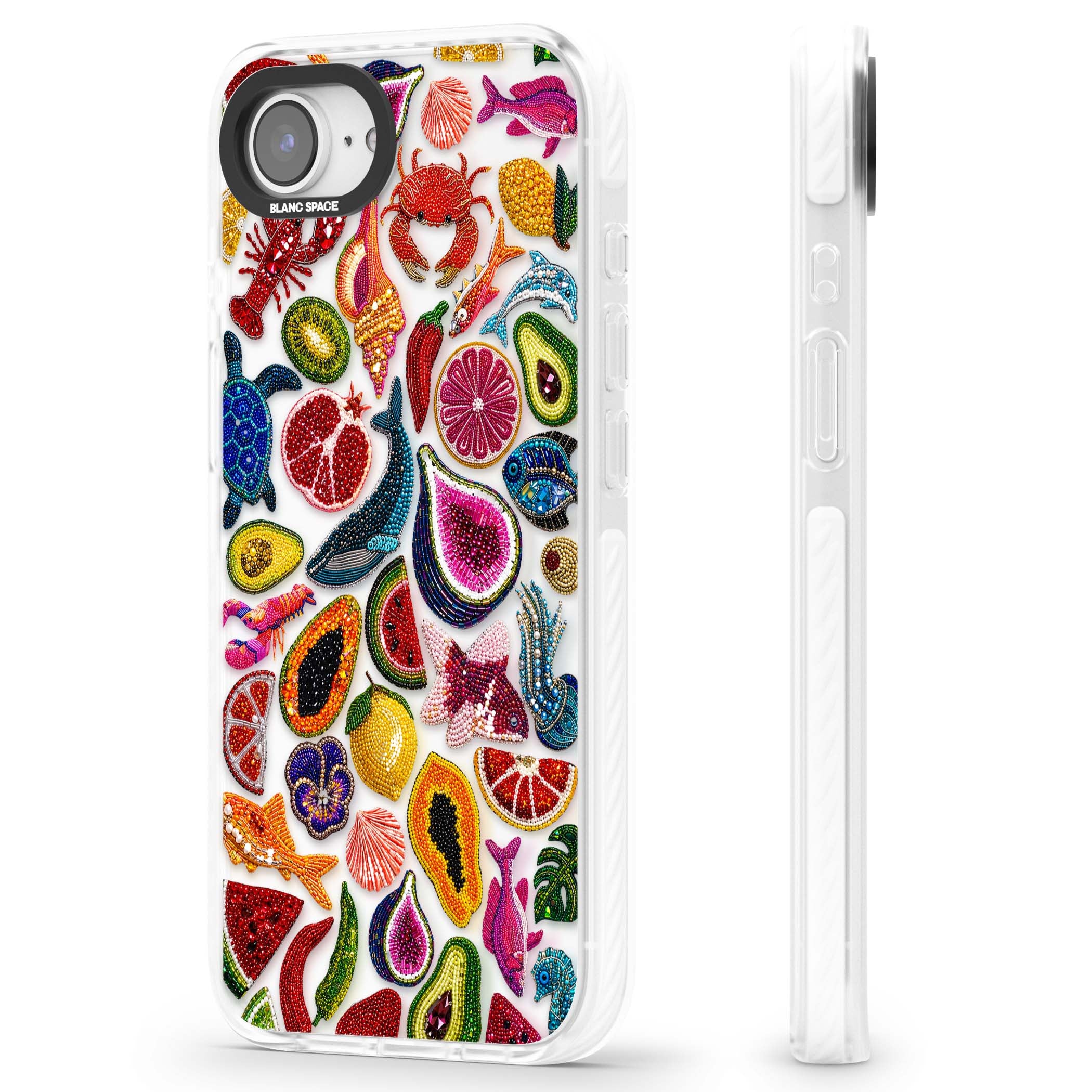 Beaded Tropic tropical iPhone case featuring beaded fruit, fish, crabs and seashells in vibrant colour | Clear Impact case for iPhone 16e, iPhone 17e