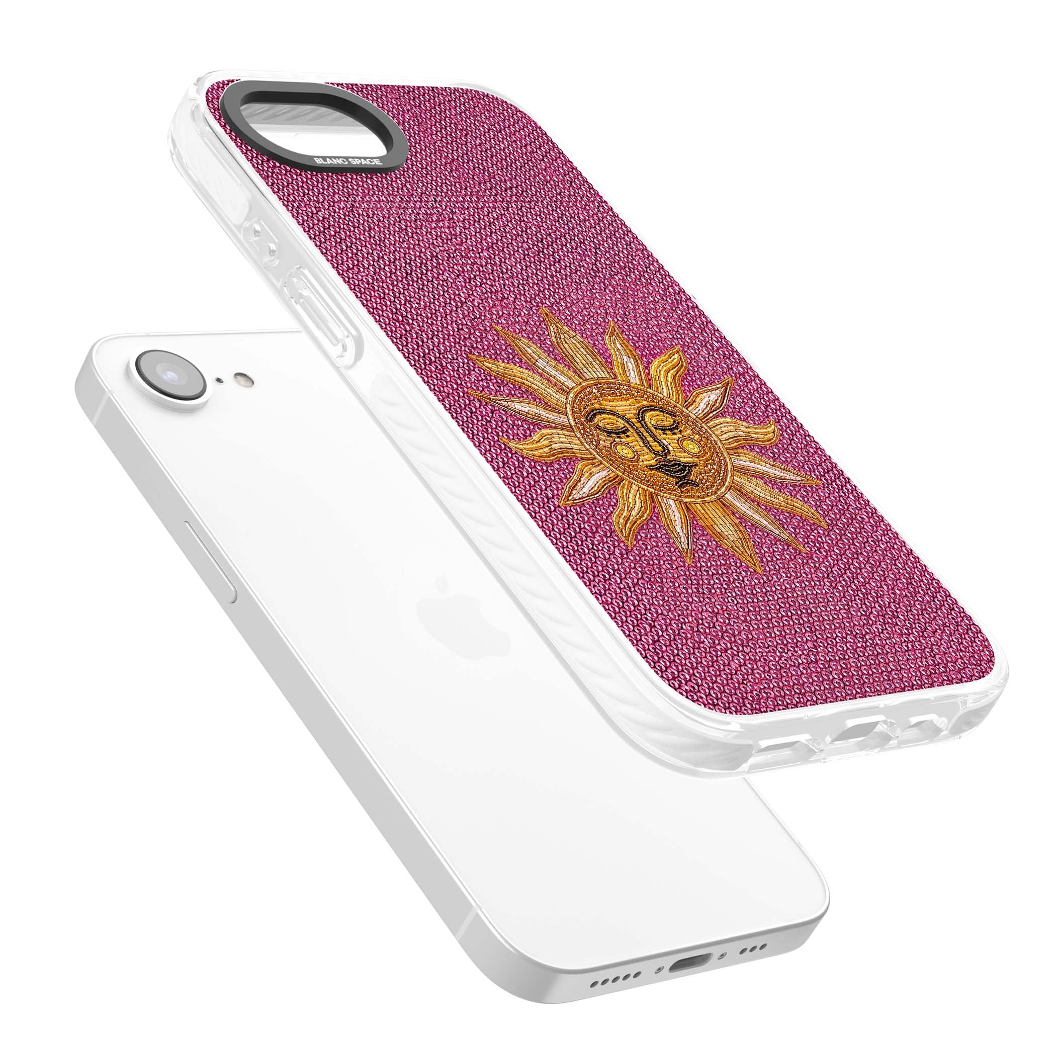 Beaded Sun celestial iPhone case featuring a golden beaded sun face with radiant rays on hot pink beaded background | Clear Impact case for iPhone 16e, iPhone 17e