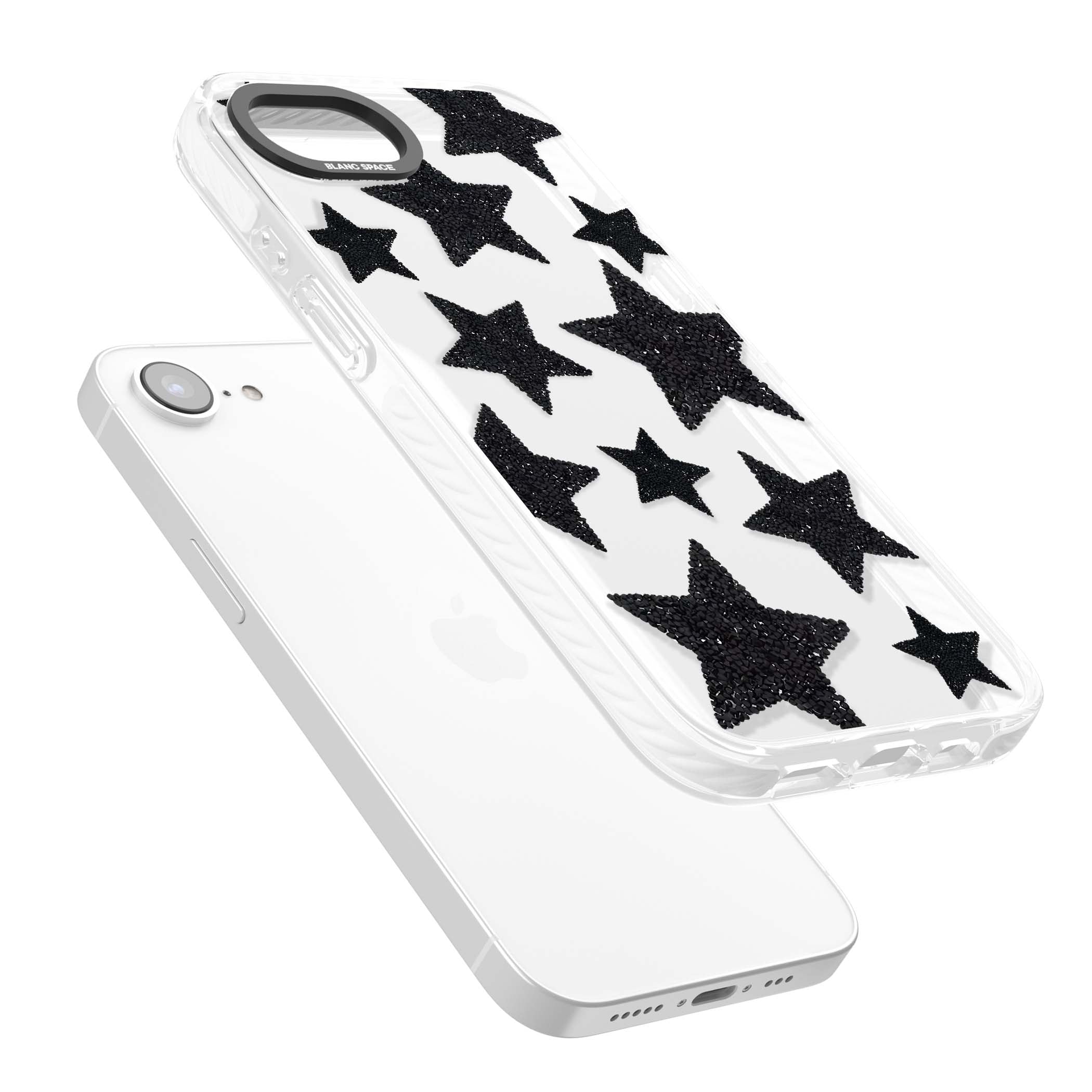 Beaded Black Stars celestial iPhone case featuring black glitter beaded stars scattered on a clear background | Clear Impact case for iPhone 16e, iPhone 17e