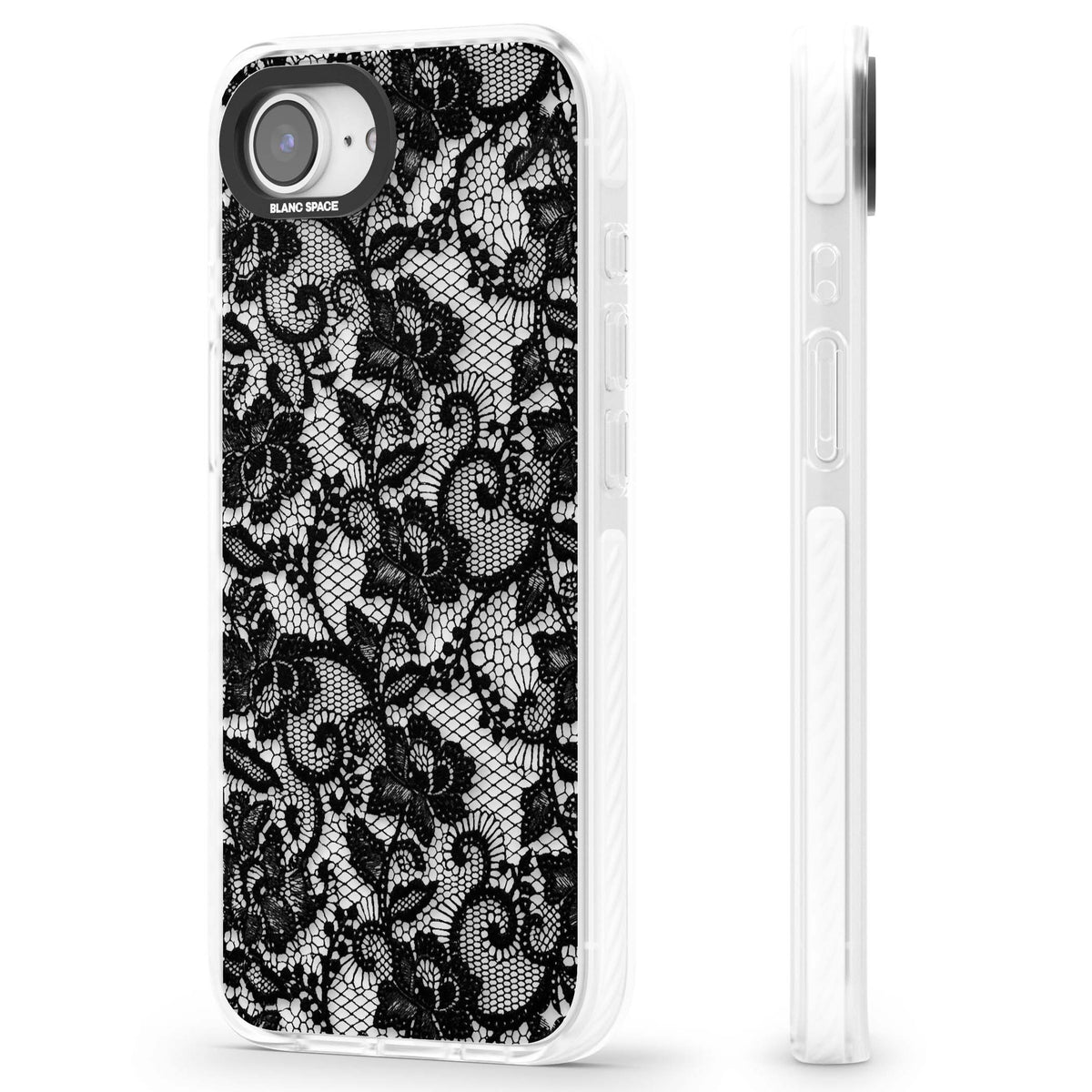 Black Lace gothic iPhone case featuring intricate black floral lace pattern with vintage whimsigoth detail | Clear Impact case for iPhone 16e, iPhone 17e