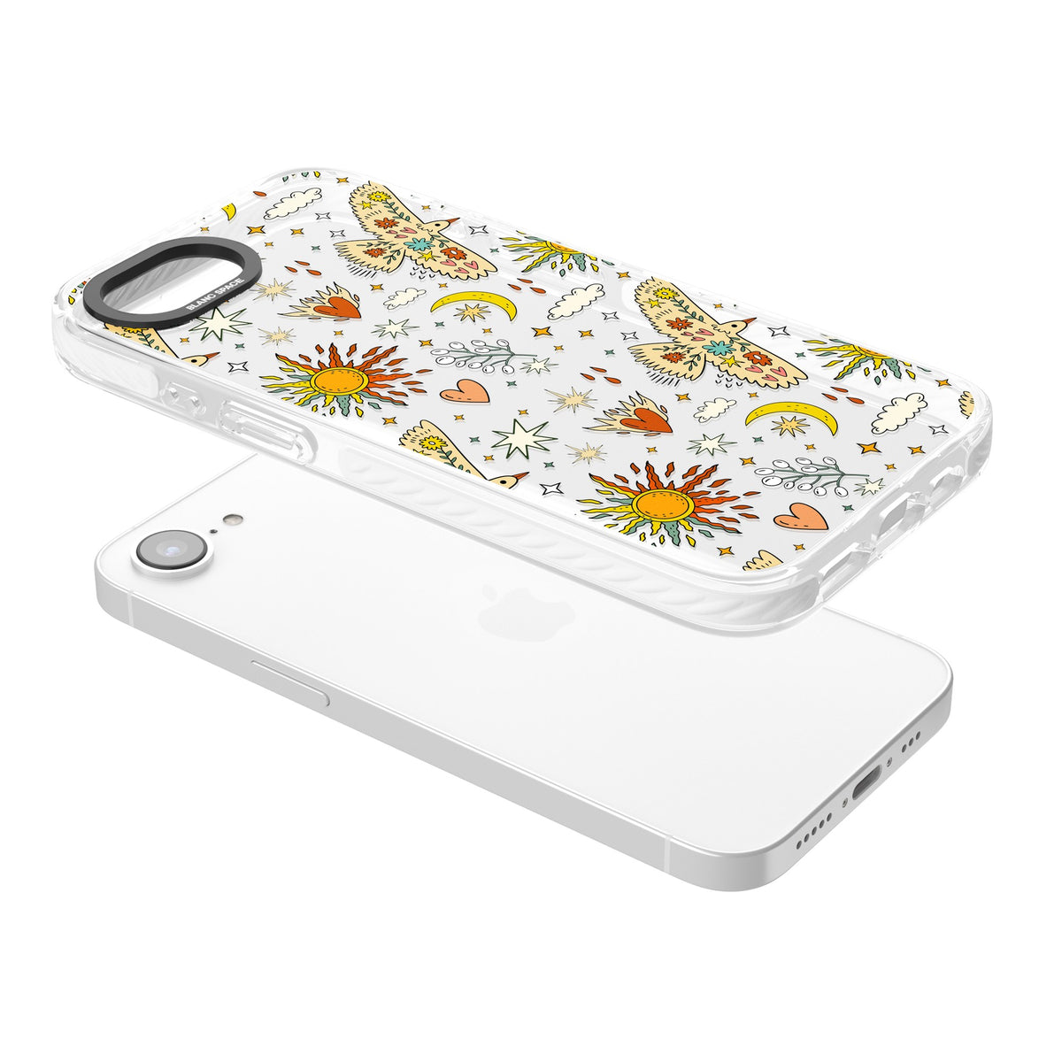 Boho Mystic Birds iPhone 16e / iPhone 17e Impact Clear Phone Case angled