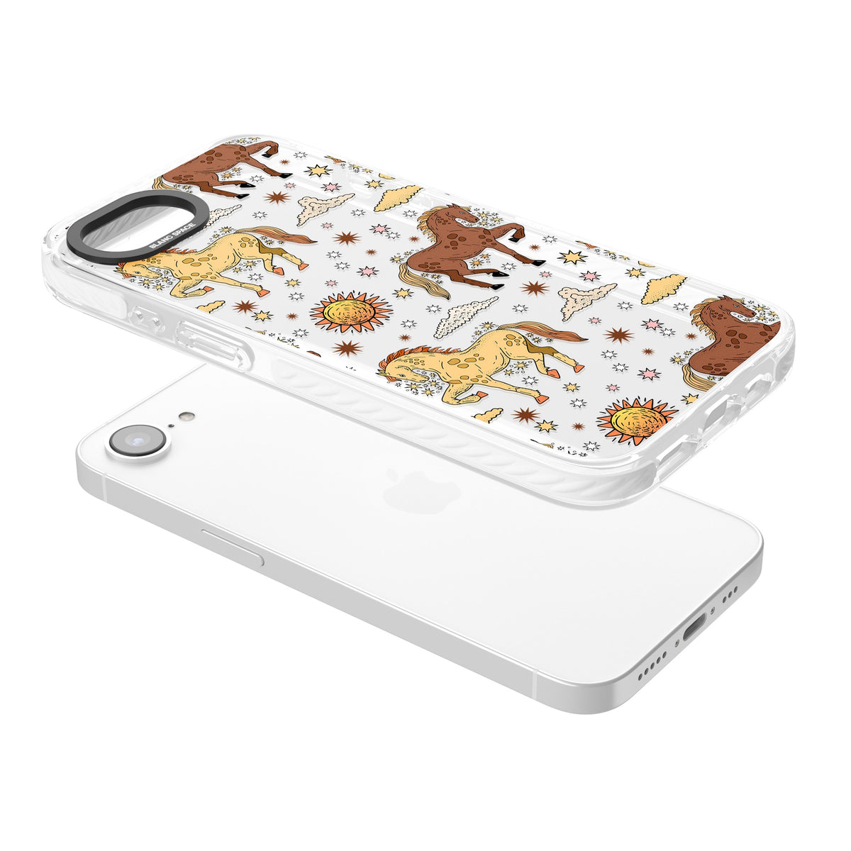 Boho Celestial Wild Horses iPhone 16e / iPhone 17e Impact Clear Phone Case angled