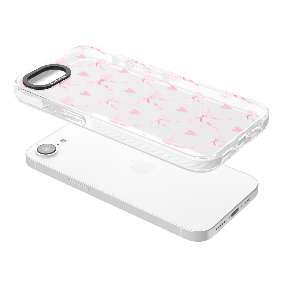 Pink Bows & Hearts iPhone 16e / iPhone 17e Impact Clear Phone Case angled