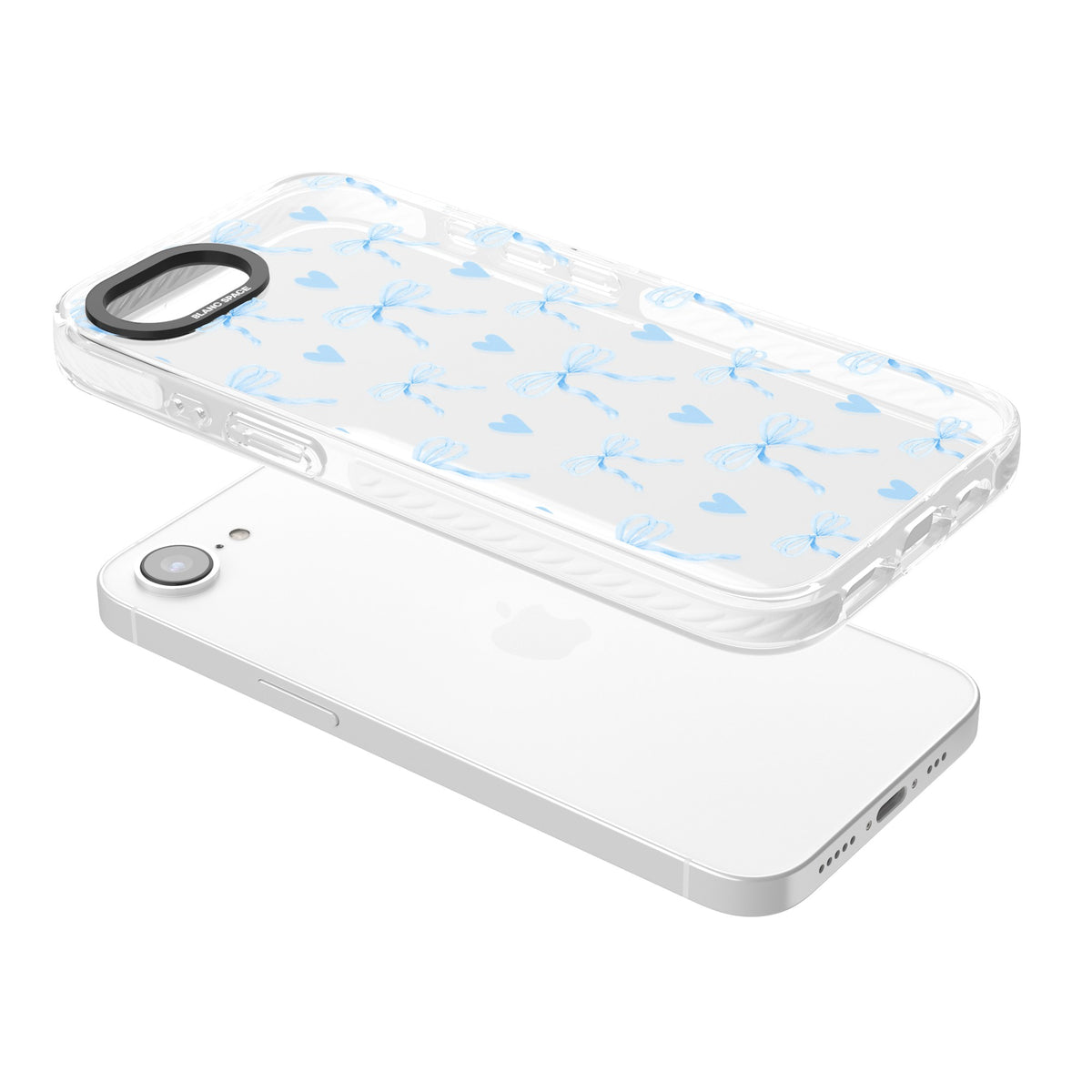 Blue Bows & Hearts iPhone 16e / iPhone 17e Impact Clear Phone Case angled