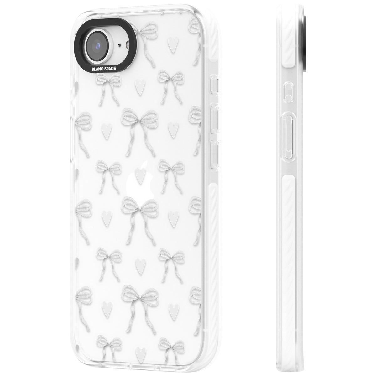 White Bows & Hearts iPhone 16e / iPhone 17e Impact Clear Phone Case side