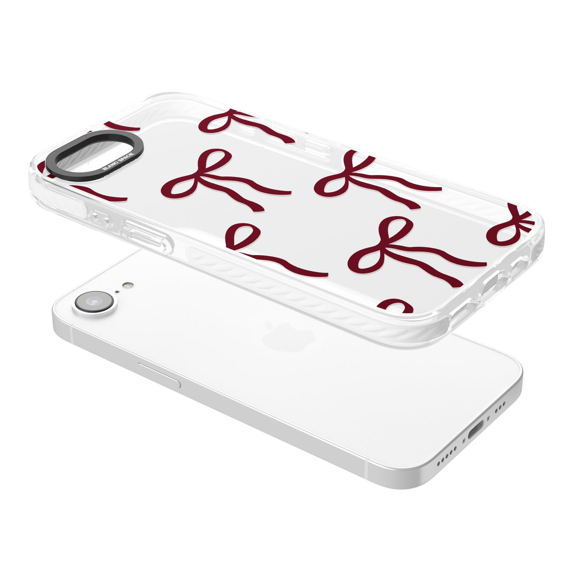 Burgundy Bows iPhone 16e / iPhone 17e Impact Clear Phone Case angled