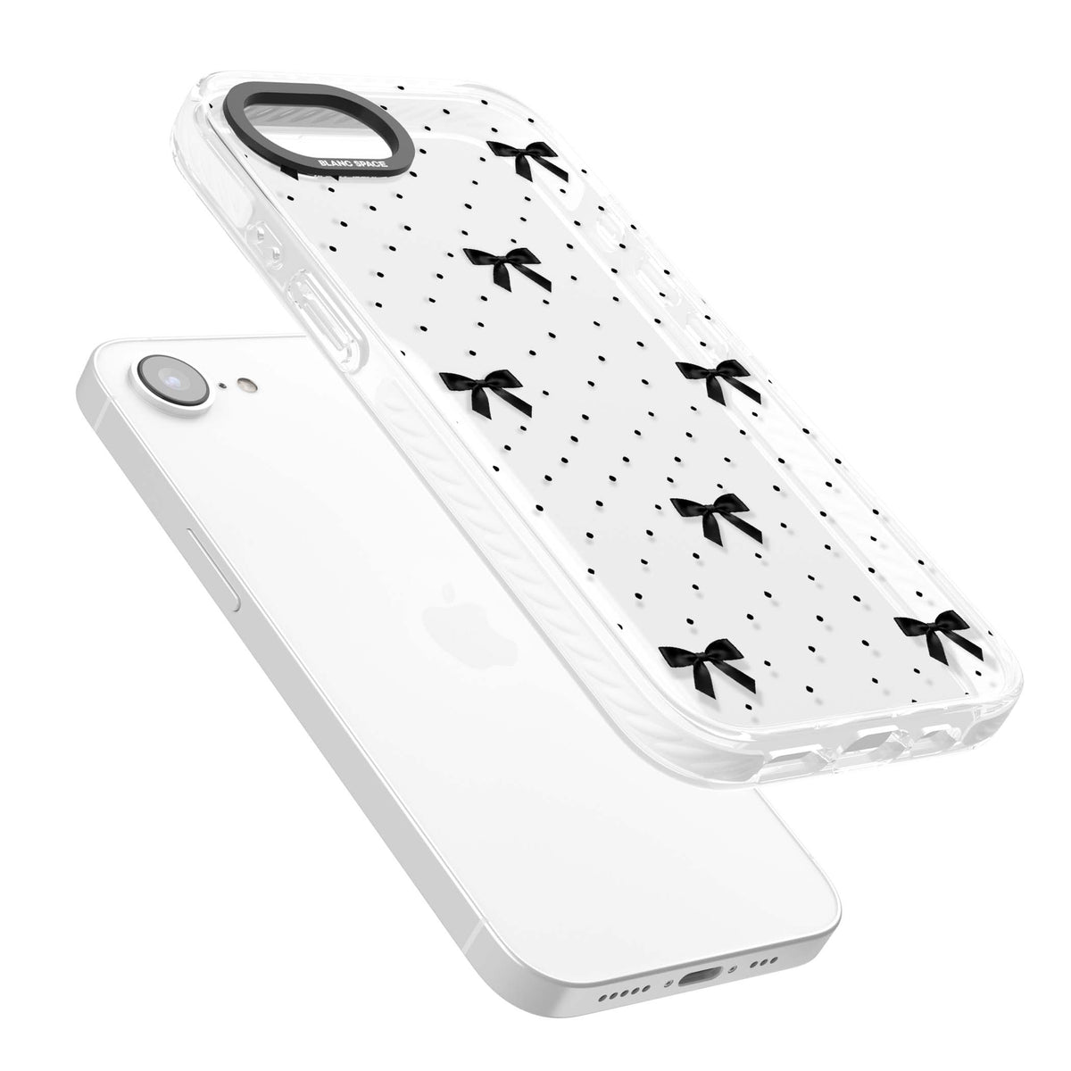 Black Polka Bows coquette iPhone case featuring scattered black satin bows and tiny polka dots on a clear base | Clear Impact case for iPhone 16e, iPhone 17e