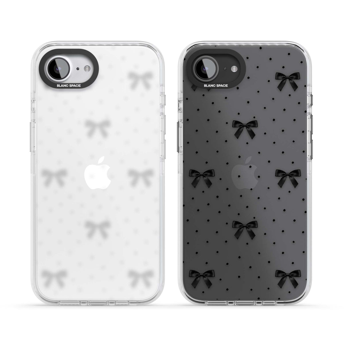 Black Polka Bows coquette iPhone case featuring scattered black satin bows and tiny polka dots on a clear base | Clear Impact case for iPhone 16e, iPhone 17e