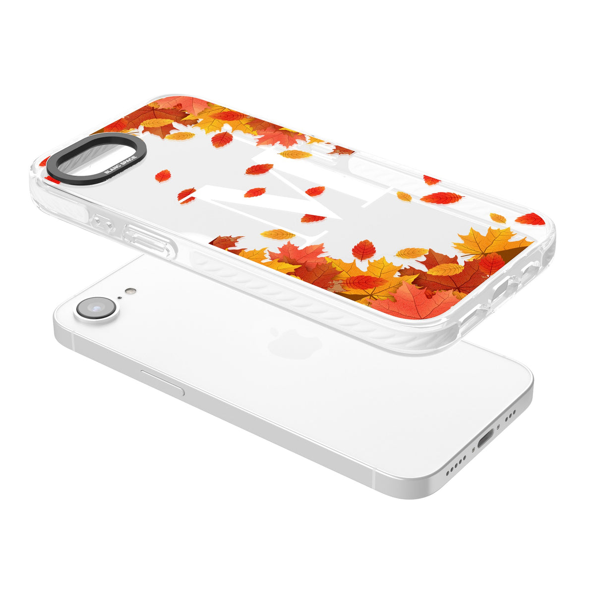 Personalised Autumn Leaves Monogram iPhone 16e / iPhone 17e Impact Clear Phone Case angled