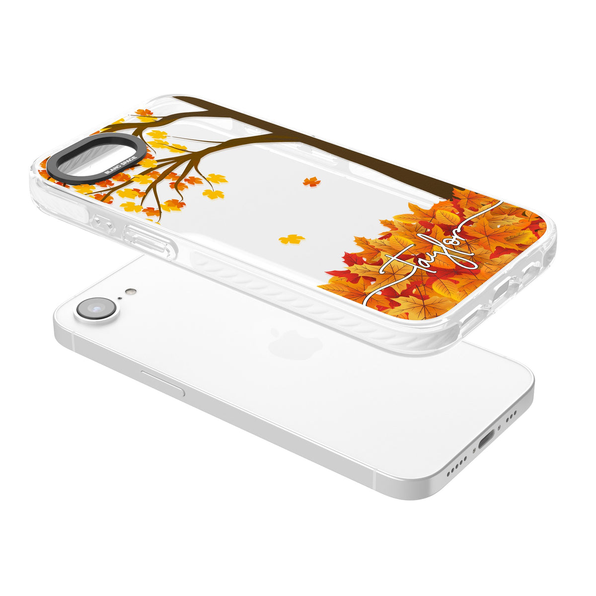 Personalised Autumn Leaves iPhone 16e / iPhone 17e Impact Clear Phone Case angled