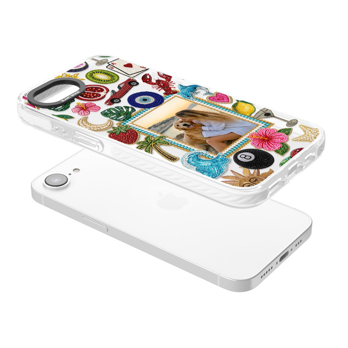 Personalised Beaded Photo iPhone 16e / iPhone 17e Impact Clear Phone Case angled