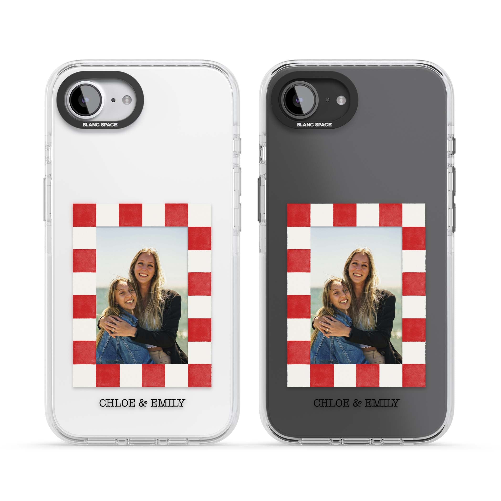 Red Check Photo personalised photo iPhone case with red and white checkered polaroid frame and custom couple name | Clear Impact case for iPhone 16e, iPhone 17e