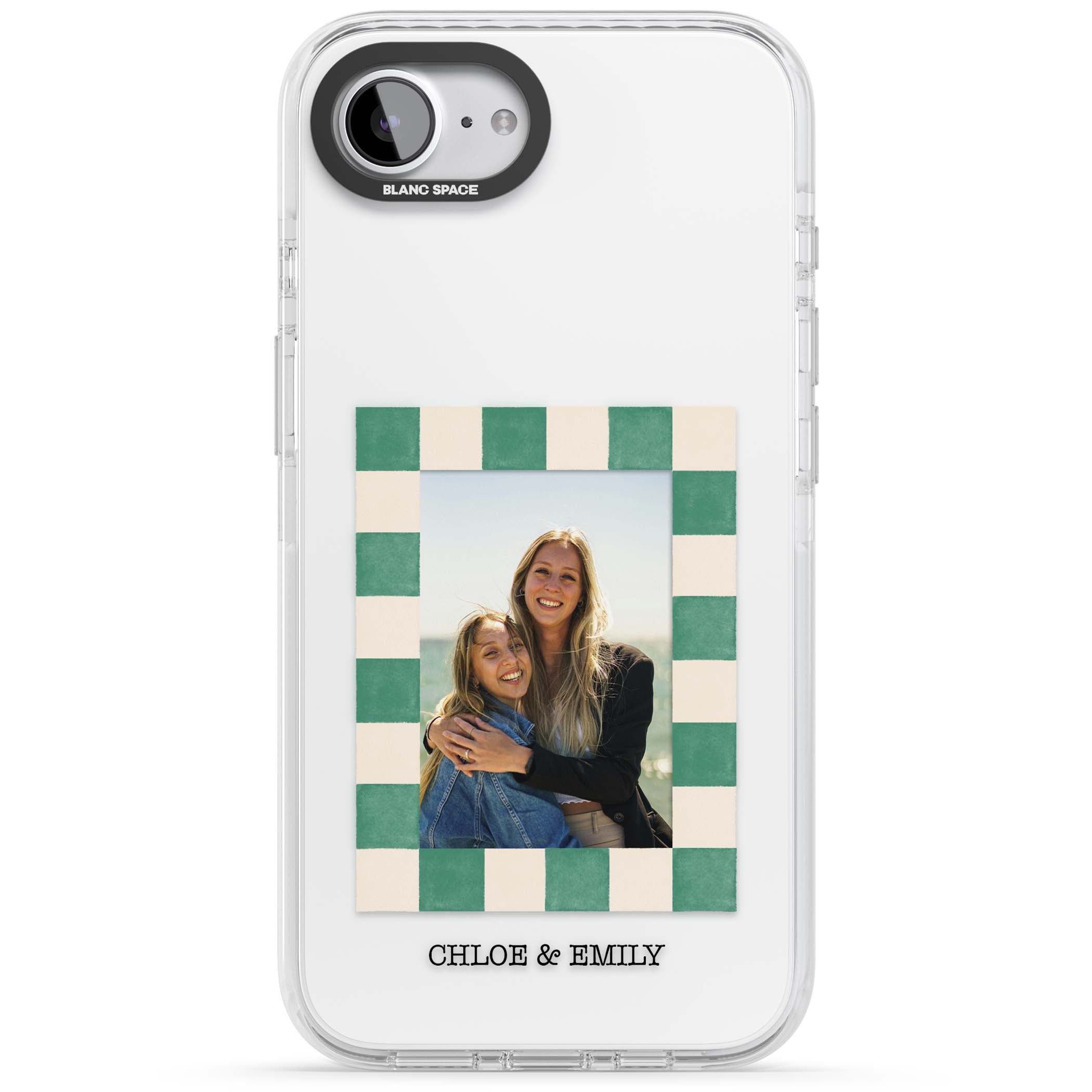 Seafoam Check Photo personalised iPhone case featuring a custom polaroid photo, green and cream checkered frame, and custom n | Clear Impact case for iPhone 16e, iPhone 17e