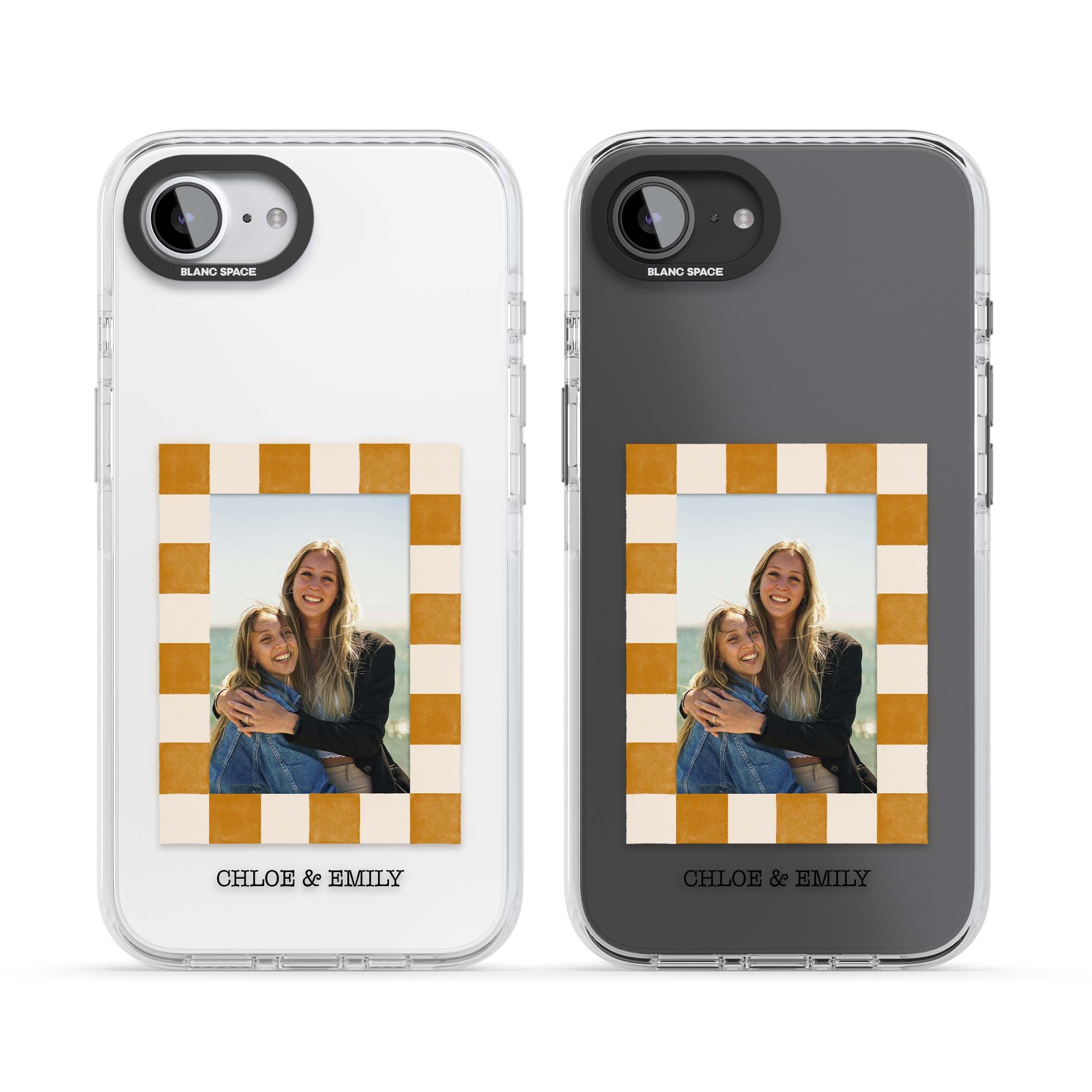 Citrus Check Photo personalised iPhone case with custom photo, orange checkered frame and names underneath | Clear Impact case for iPhone 16e, iPhone 17e